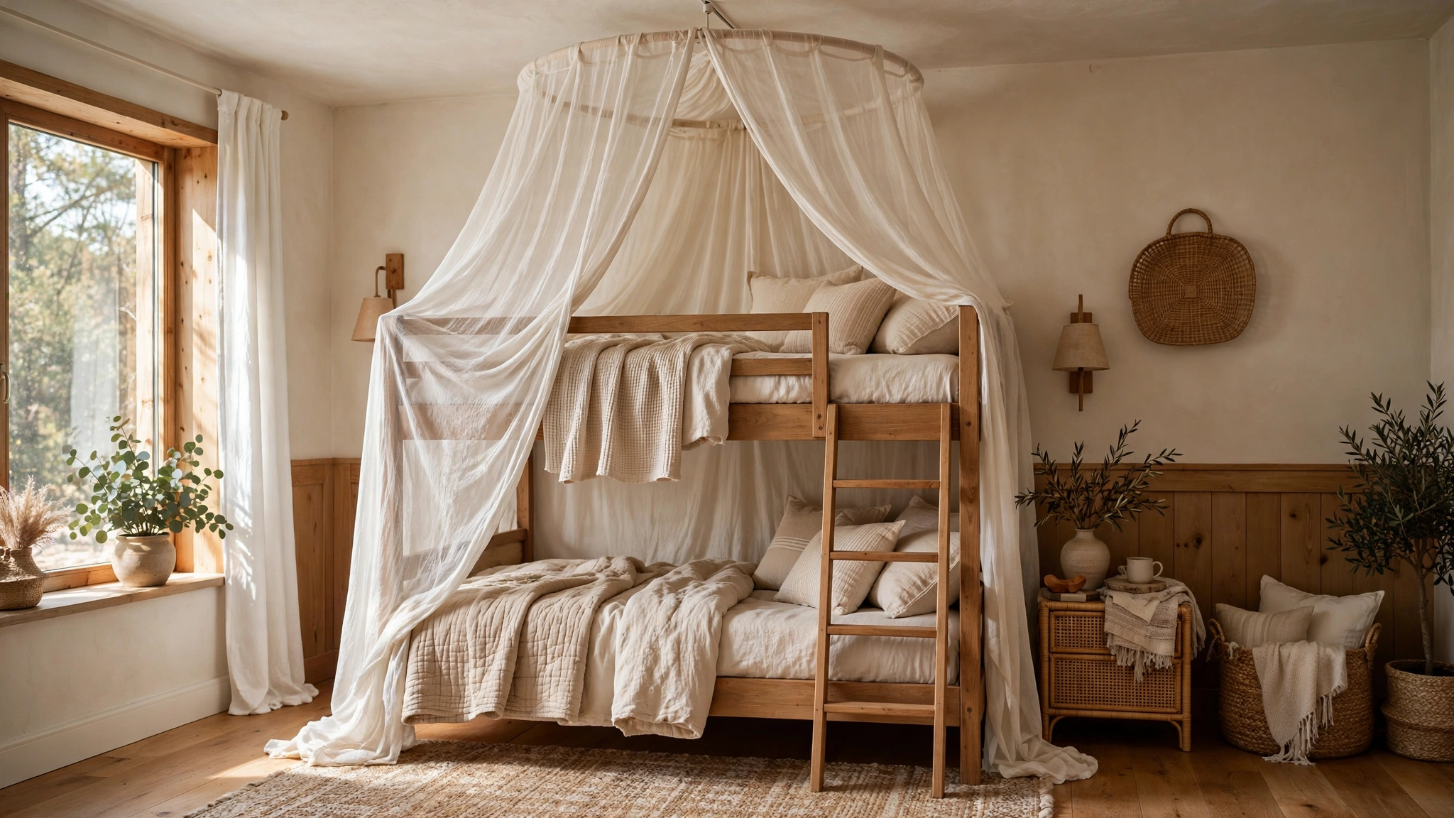 15 Space-Saving Bunk Bed Ideas 4 Canopy-Style Bunks with Draped Fabric