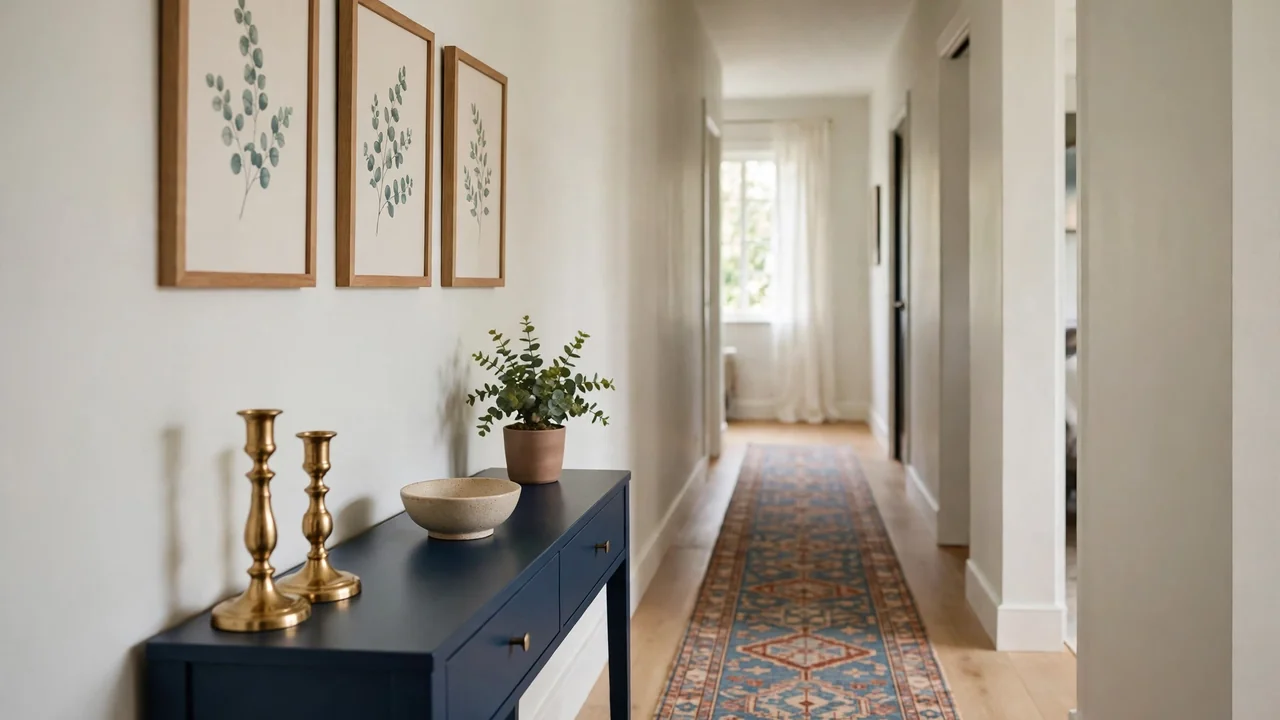 15 Console Table Ideas Behind the Sofa & Beyond 3 Navy hallway console table with three framed art prints, brass candlesticks and patterned runner