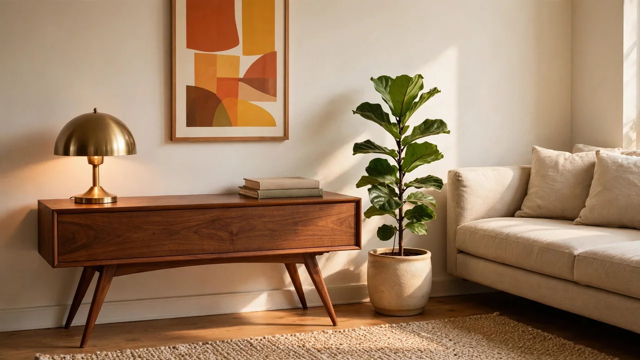 15 Console Table Ideas Behind the Sofa & Beyond 5 Mid-century walnut console table with tapered legs, dome lamp and fiddle-leaf fig plant