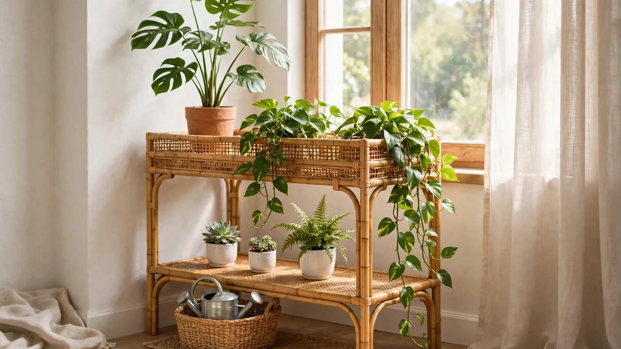 15 Console Table Ideas Behind the Sofa & Beyond 6 Rattan two-tier console table turned into a mini indoor garden with monstera and trailing pothos