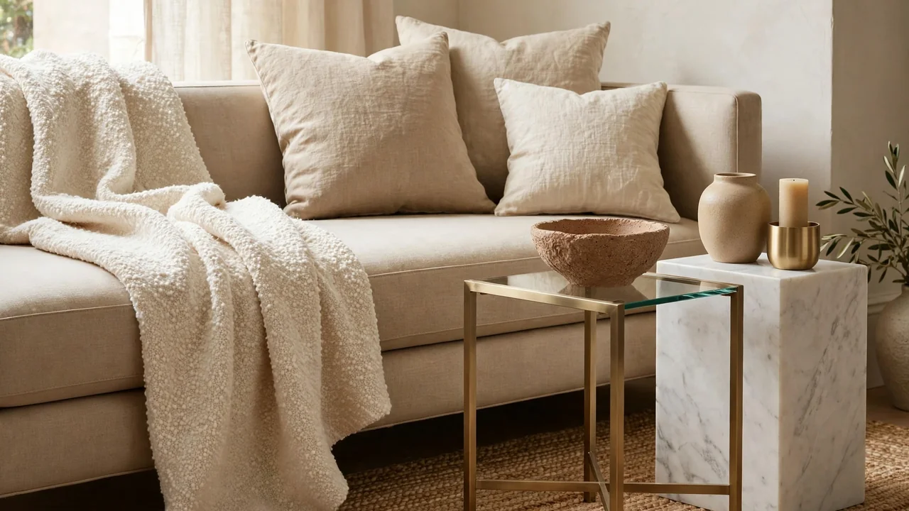 15 Sleek Contemporary Living Room Ideas 2 Contemporary seating area layered in warm neutrals with boucle throw, jute rug and mixed textures