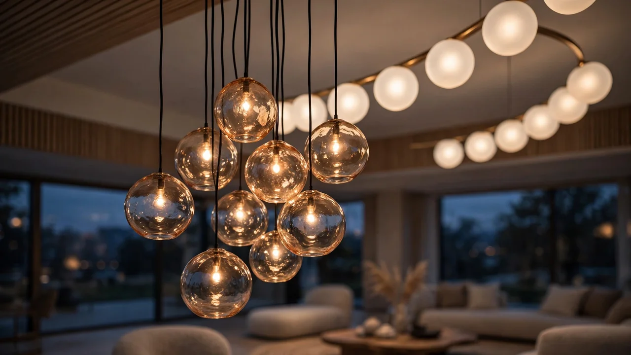 15 Sleek Contemporary Living Room Ideas 3 Cluster of hand-blown glass globe pendant lights glowing above a contemporary coffee table