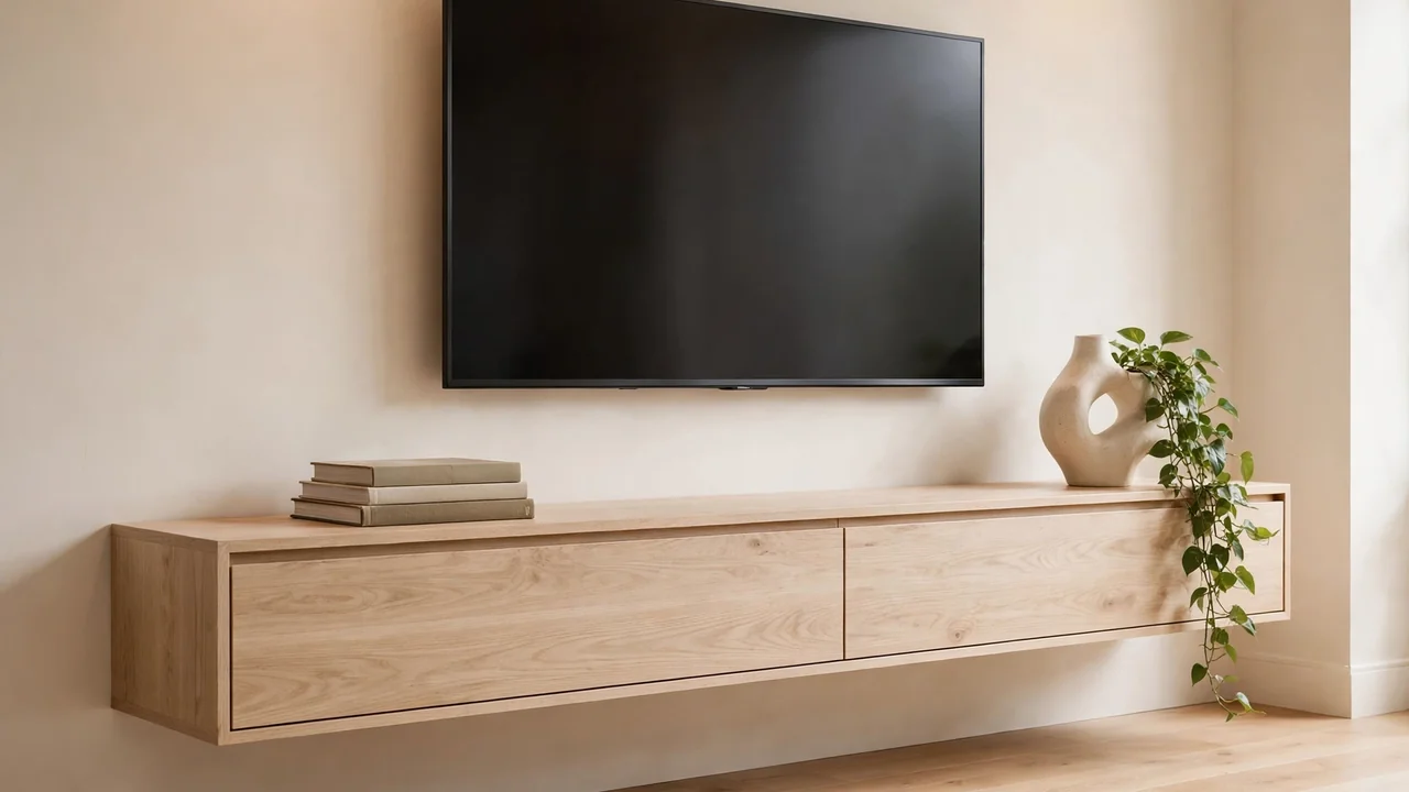 15 Sleek Contemporary Living Room Ideas 4 Floating white oak media console mounted beneath a TV in a minimalist contemporary living room