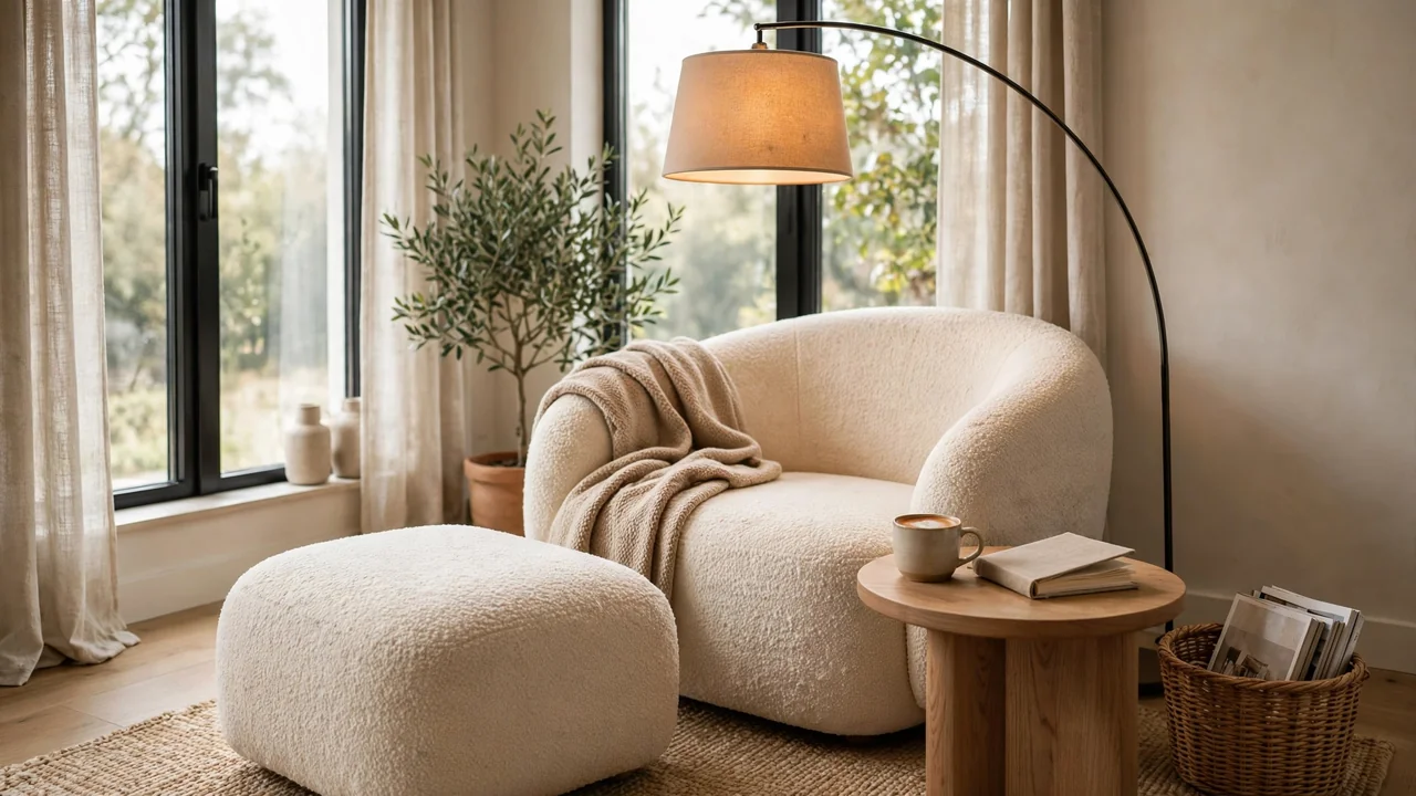 15 Sleek Contemporary Living Room Ideas 5 Contemporary reading nook with curved boucle armchair, arc floor lamp and side table by a window