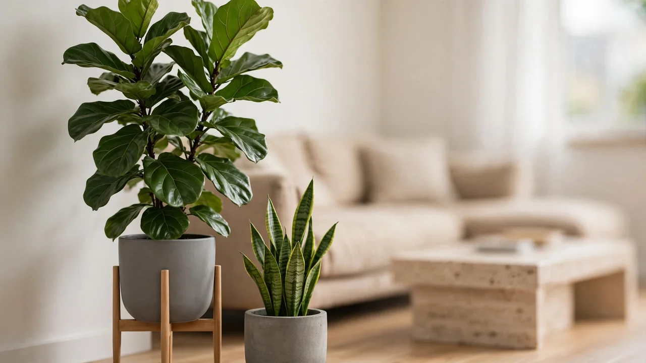 15 Sleek Contemporary Living Room Ideas 6 Fiddle-leaf fig tree in a matte ceramic planter on a wooden stand in a contemporary living room corner