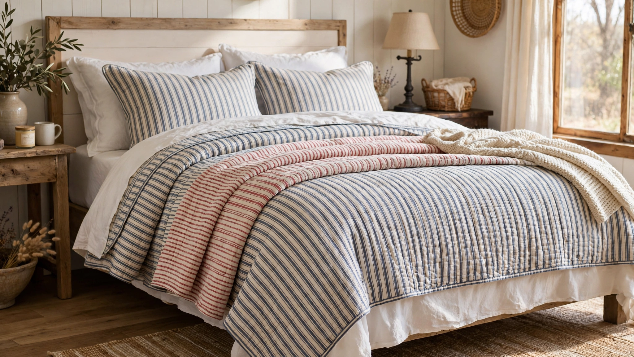 15 Cozy Farmhouse Bedroom Ideas 3 Layered Bedding with Ticking Stripes and Quilts