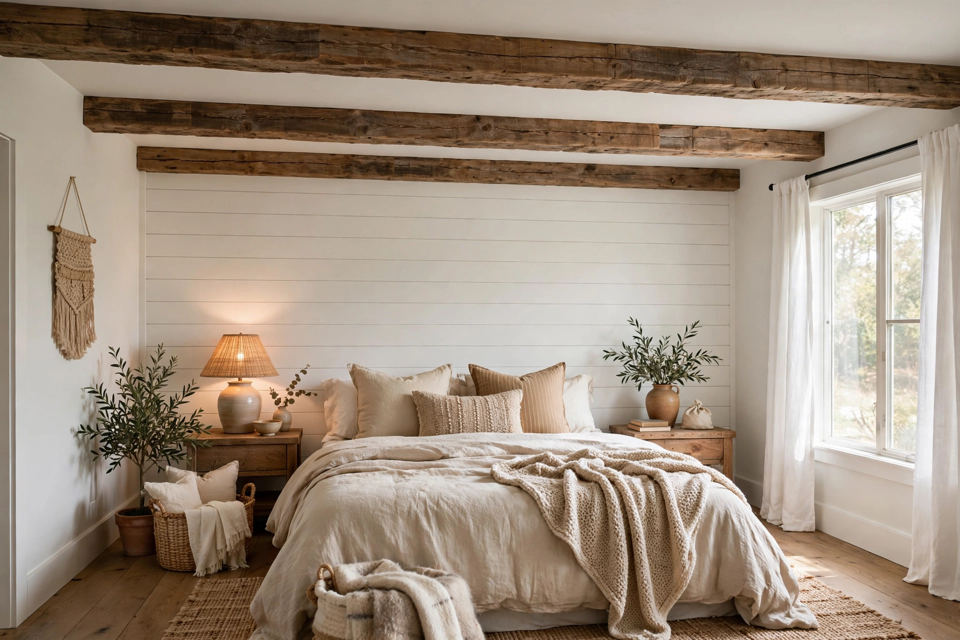 15 Cozy Farmhouse Bedroom Ideas 4 Rustic Wooden Beams or a Faux-Beam Ceiling