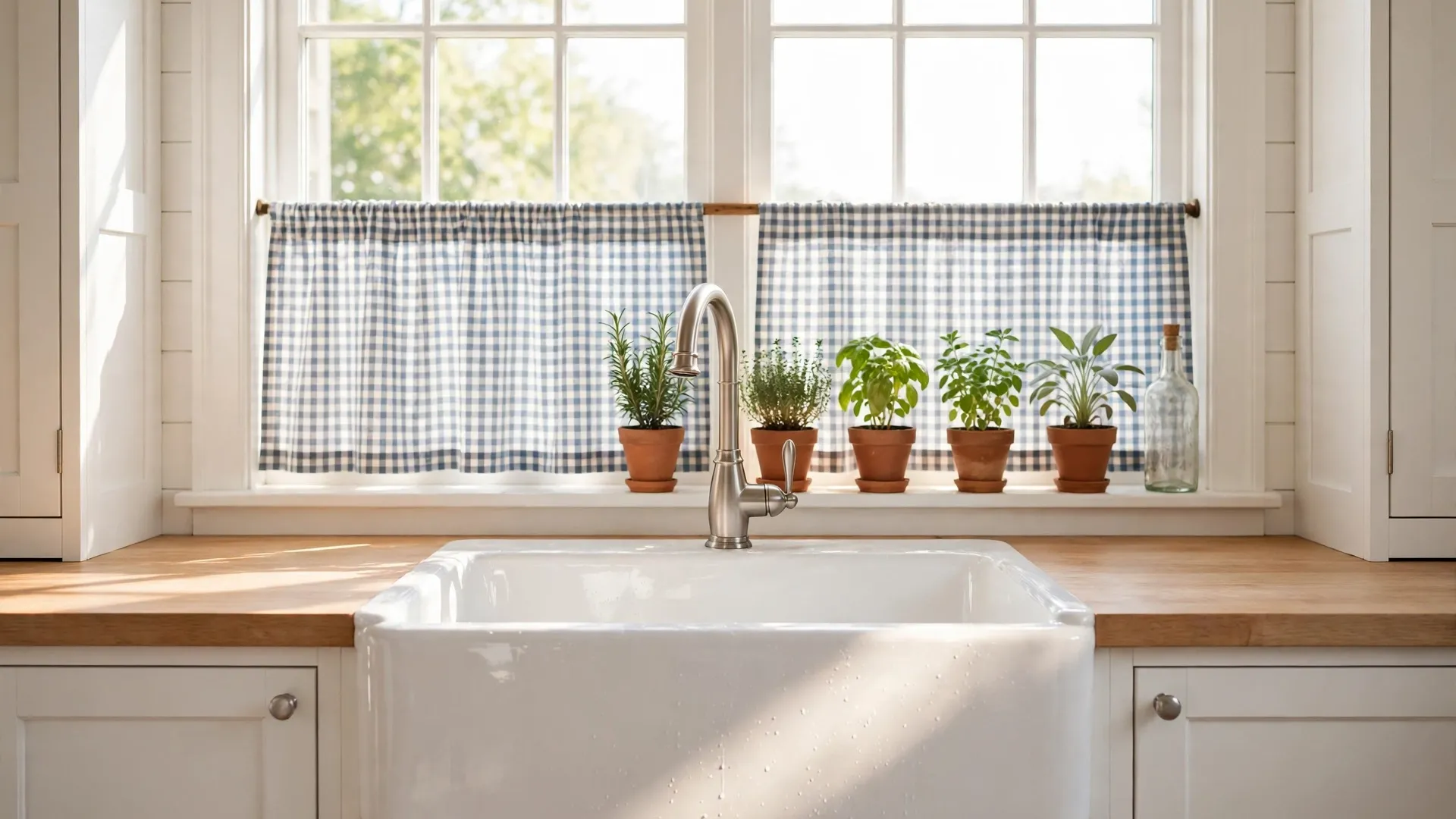 12 Farmhouse Kitchen Sink Ideas 2 White farmhouse sink under bright window with herbs on sill