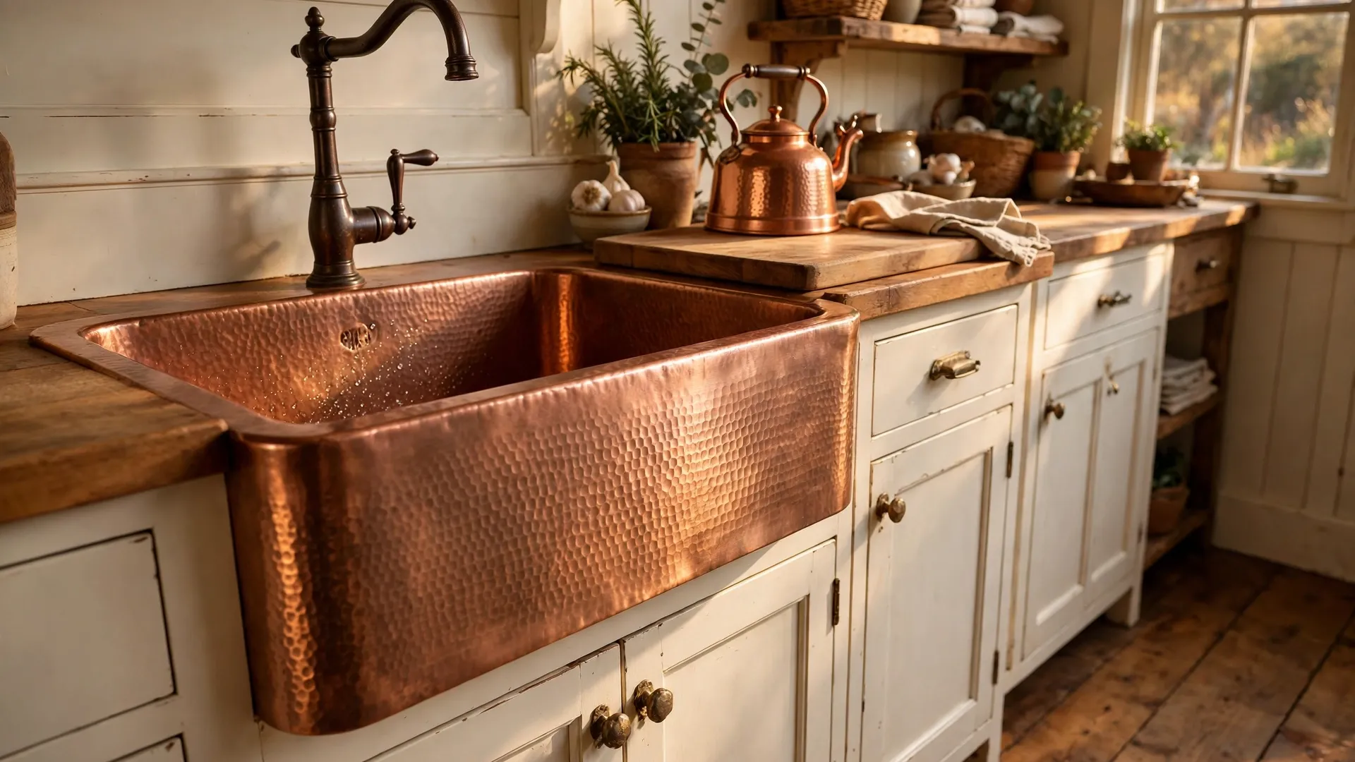 12 Farmhouse Kitchen Sink Ideas 3 Hammered copper farmhouse sink in creamy white rustic kitchen