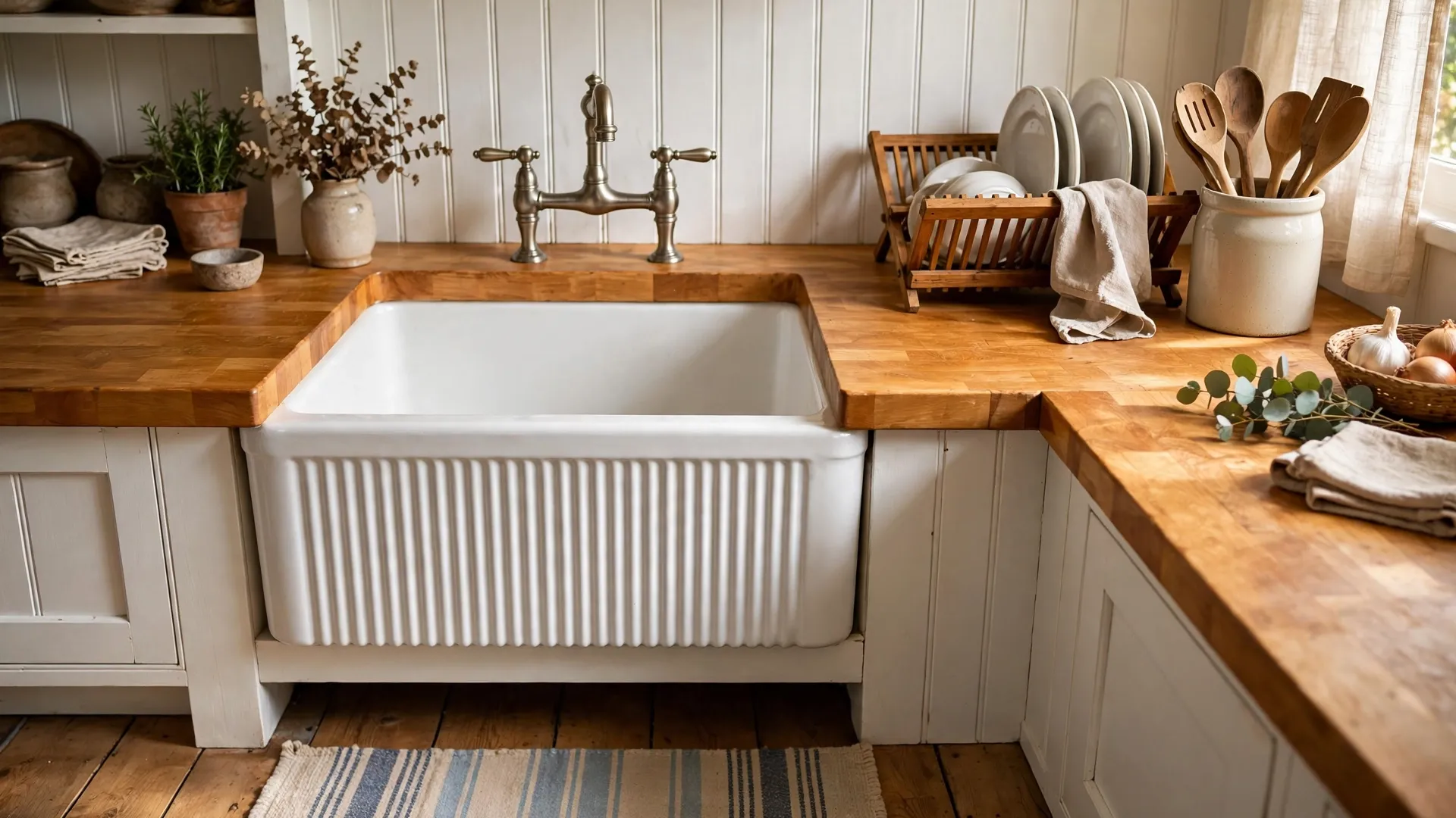 12 Farmhouse Kitchen Sink Ideas 5 White fluted farmhouse sink set into butcher block counters
