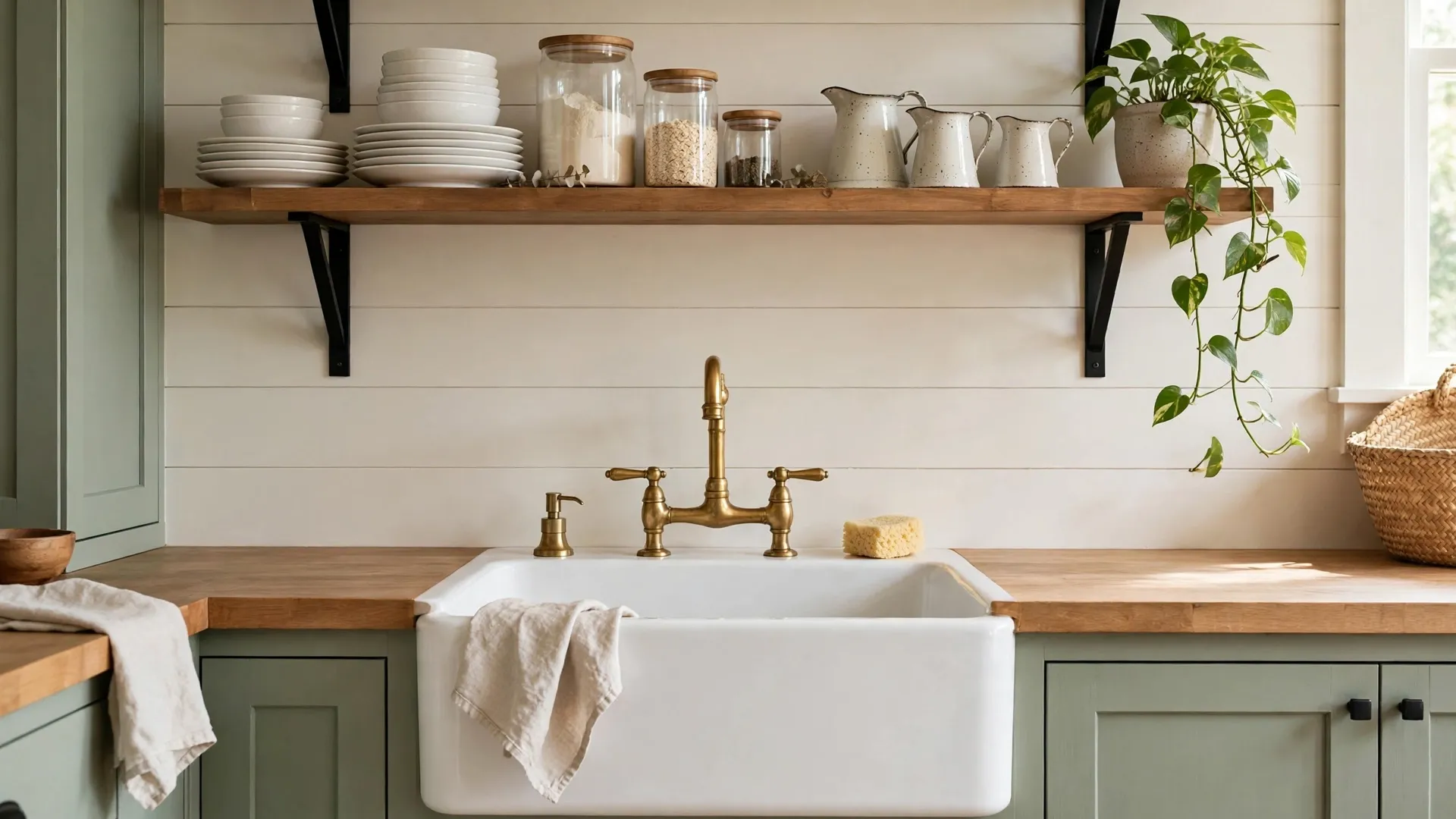 12 Farmhouse Kitchen Sink Ideas 6 Open shelves styled above a white farmhouse sink