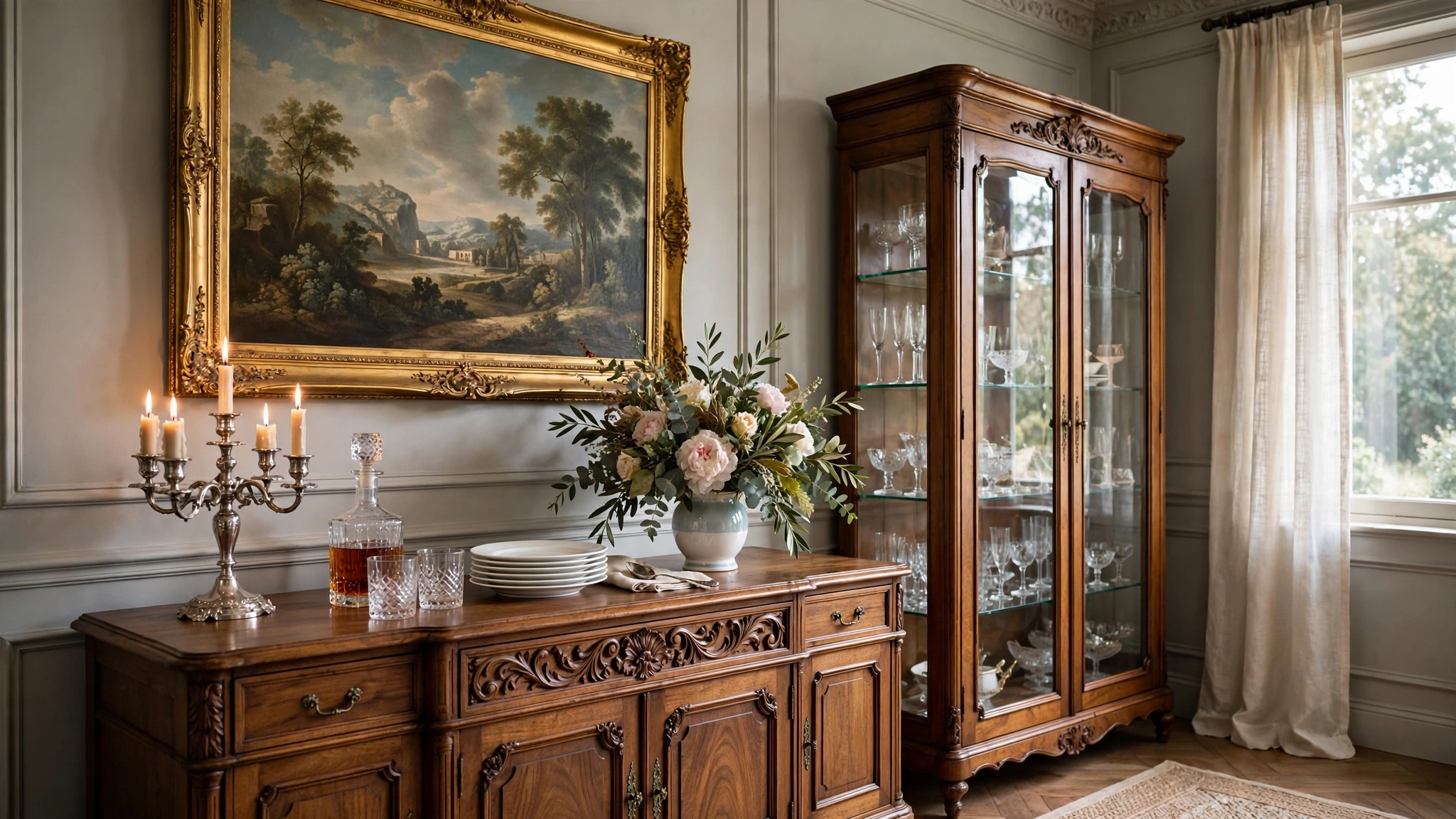 Formal Dining Room Ideas: 20 Elegant, Timeless Designs 4 Styled wooden sideboard in a formal dining room with candelabra and floral arrangement