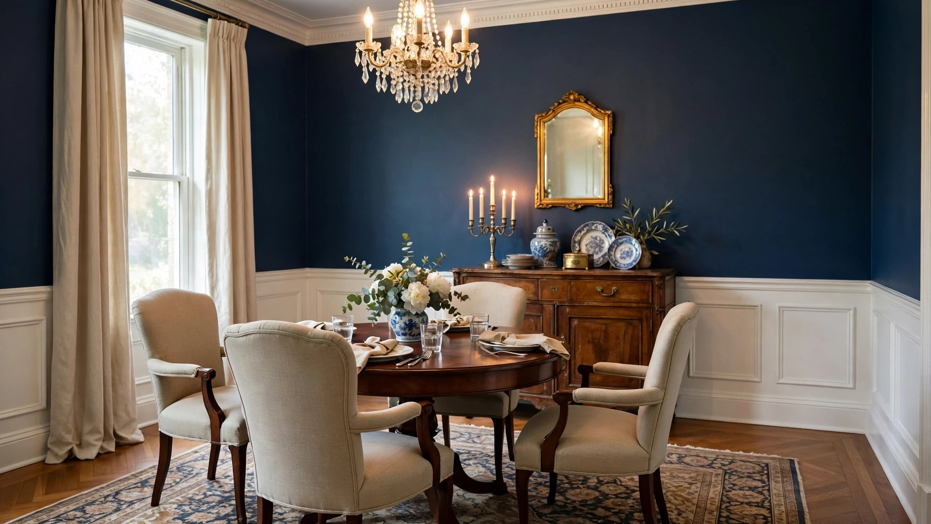 Formal Dining Room Ideas: 20 Elegant, Timeless Designs 3 Formal dining room with navy walls, white wainscoting and a mahogany dining table
