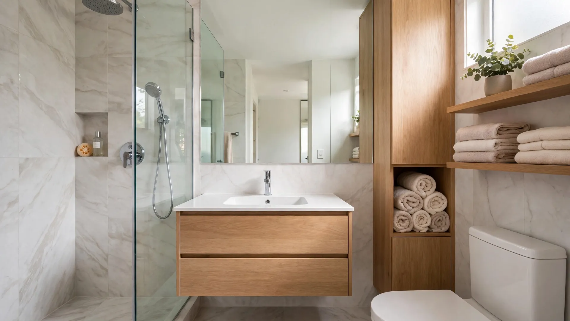 Small Bathroom with Shower: 20 Space-Smart Ideas 5 Frameless glass shower and smart storage in a small bathroom with shower