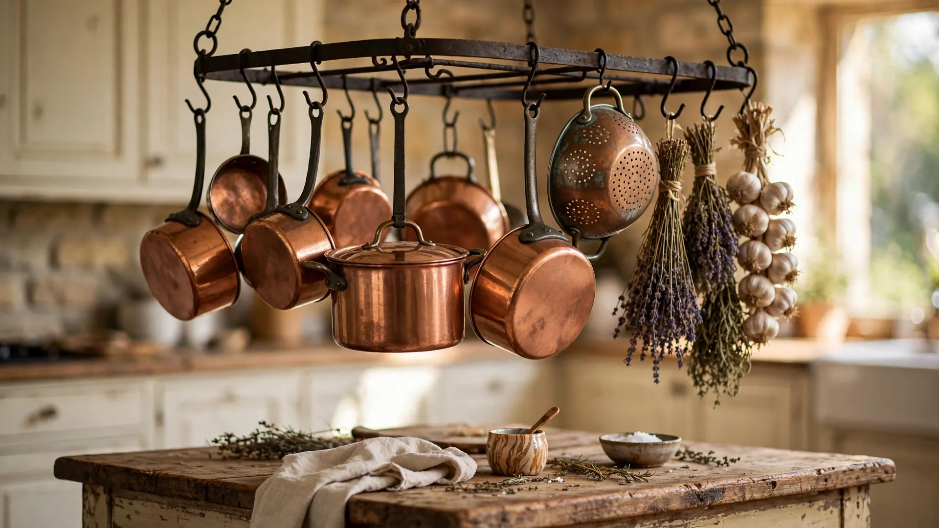 15 French Country Kitchen Ideas 2 Wrought-iron pot rack with aged copper pots hanging over a distressed wood island