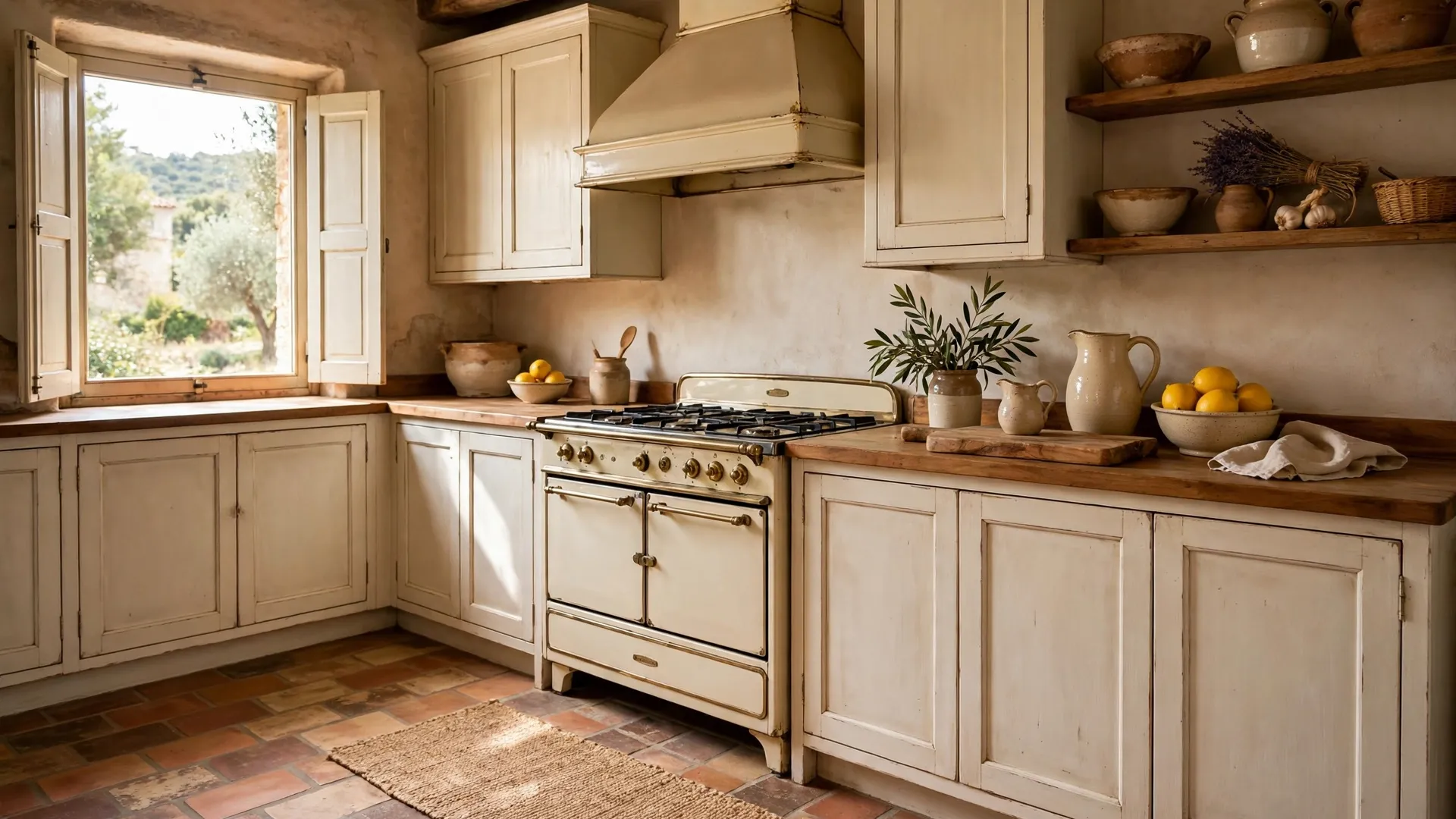 15 French Country Kitchen Ideas 4 Sun-baked terracotta tile floor in a French country kitchen with cream cabinets