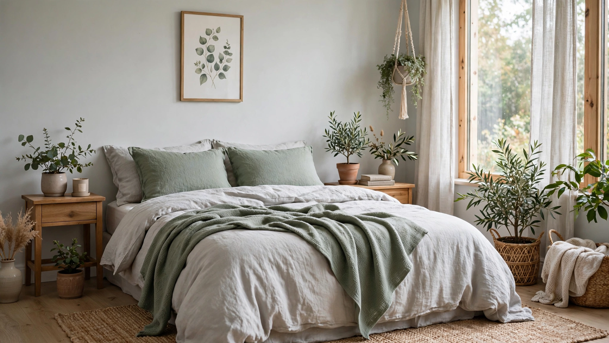 15 Soothing Gray Bedroom Ideas 5 Light Gray with Sage Green Botanical Touches