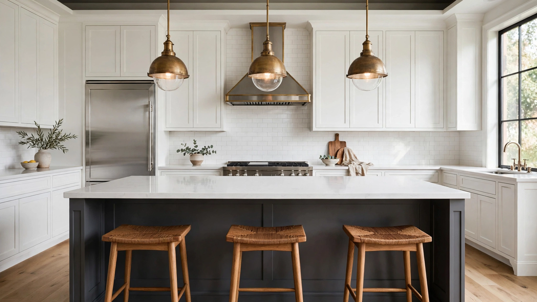 15 Stylish Gray Kitchen Ideas 3 Charcoal gray kitchen island with white waterfall countertop and brass pendant lights