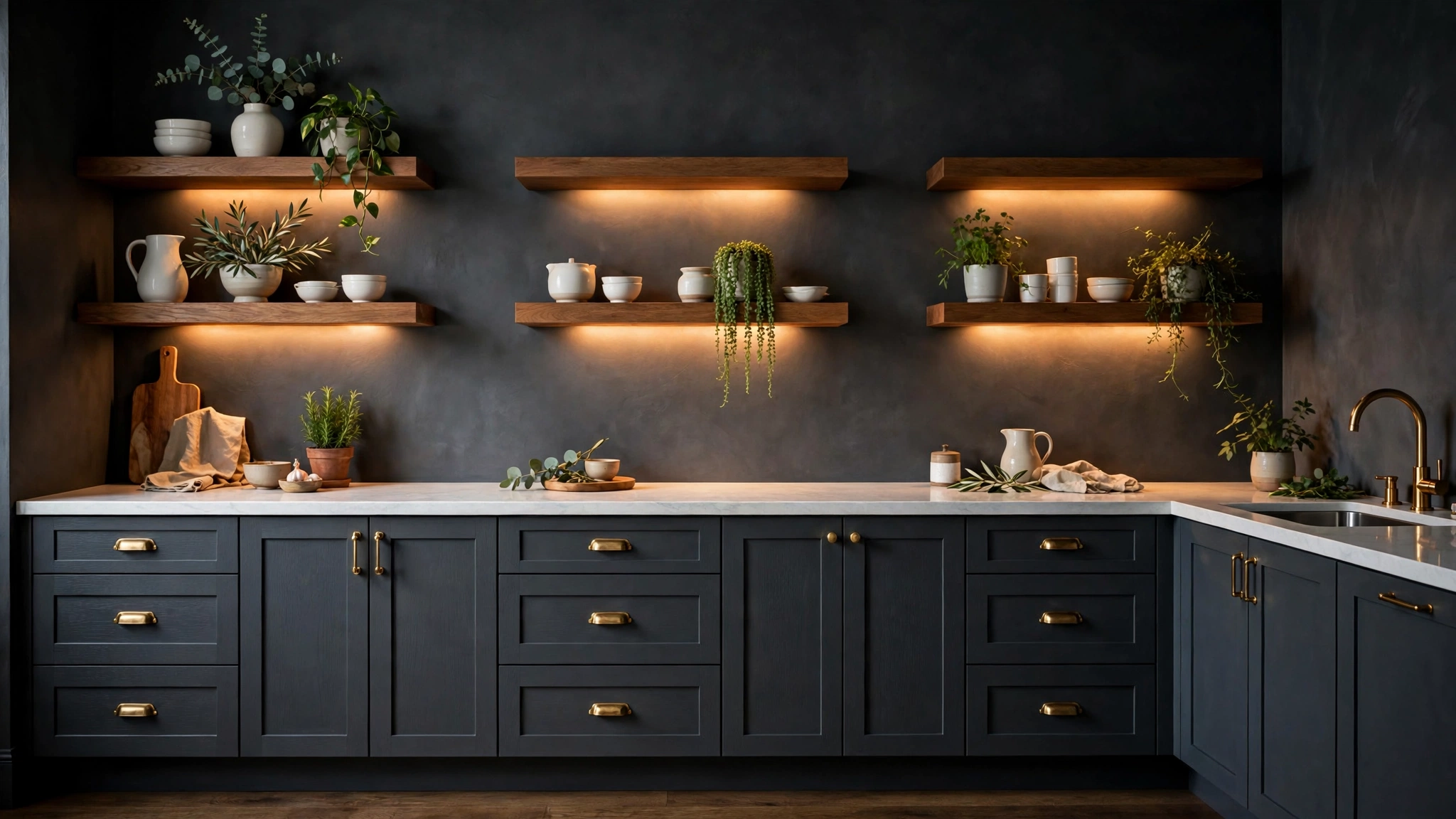 15 Stylish Gray Kitchen Ideas 5 Moody dark gray kitchen with warm wood floating shelves styled with white ceramics
