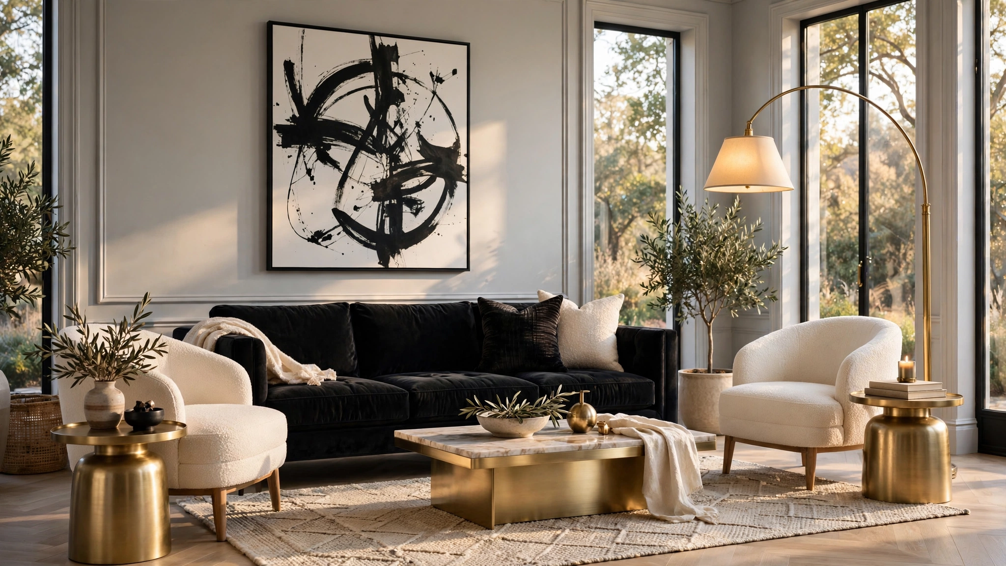 Black Living Room Decor: 22 Bold Yet Balanced Ideas 2 Black living room decor: black velvet sofa with brass side tables and gold floor lamp