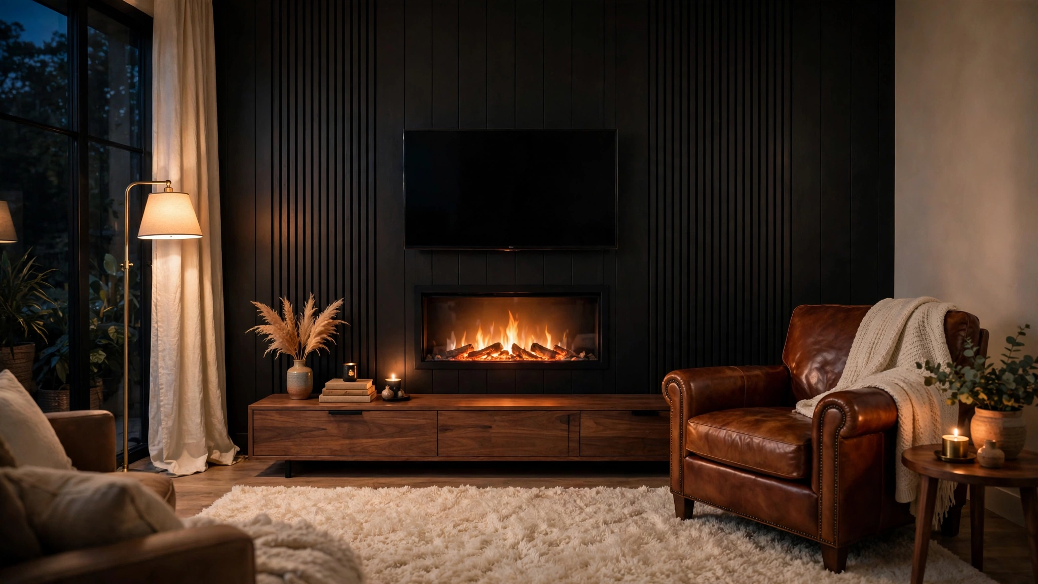 Black Living Room Decor: 22 Bold Yet Balanced Ideas 6 Black living room decor featuring a black panelled media wall with a glowing fireplace