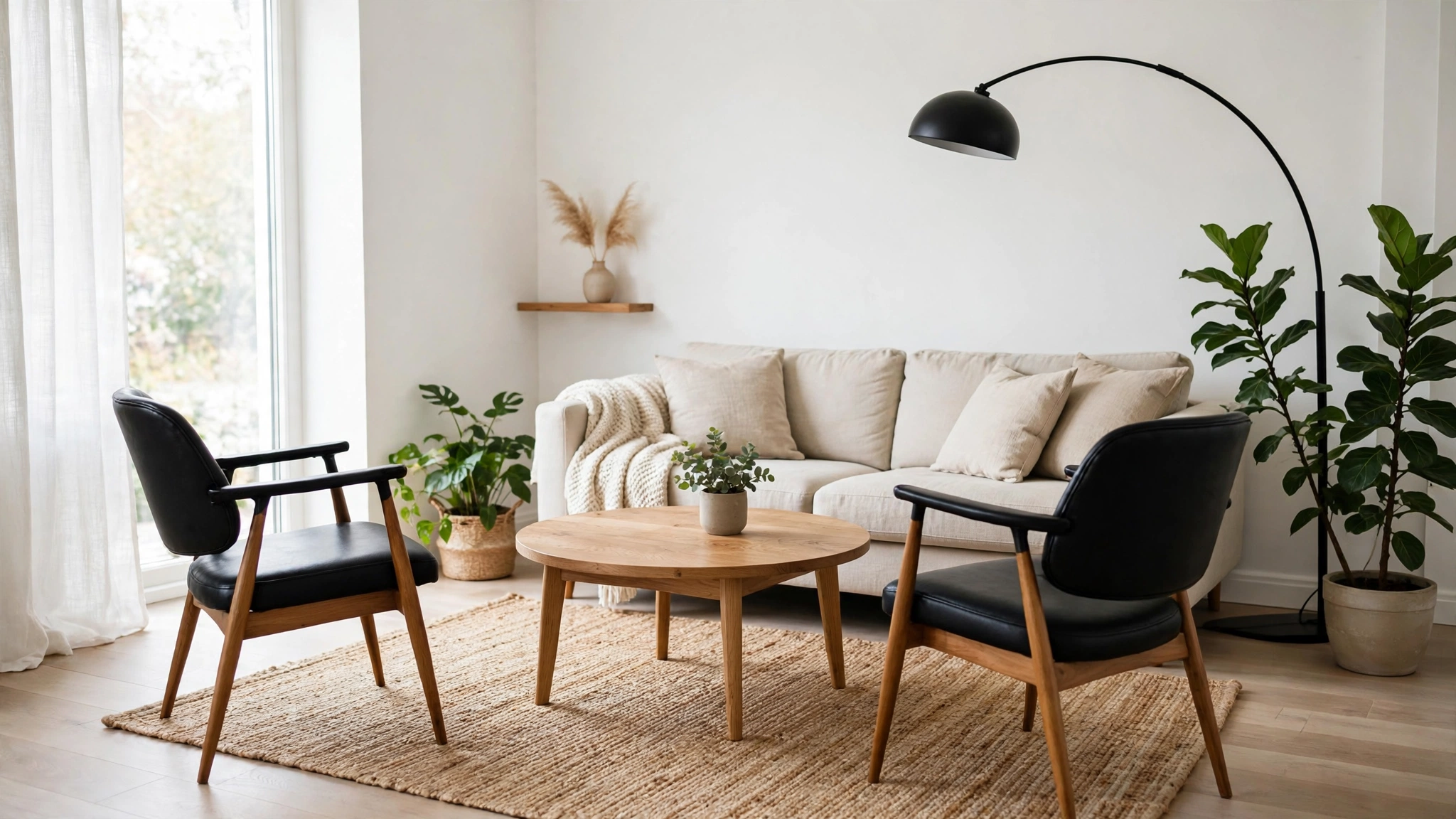 Black Living Room Decor: 22 Bold Yet Balanced Ideas 3 Black living room decor contrast: black mid-century accent chairs in a bright white living room