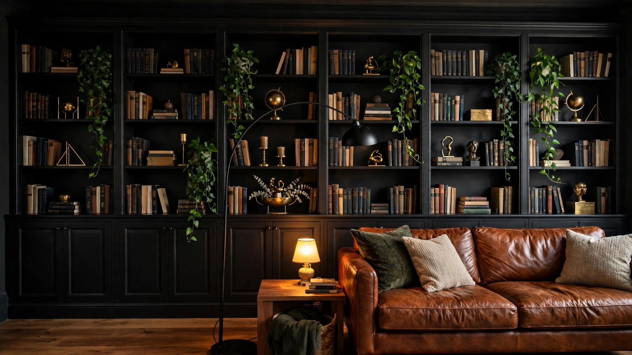Black Living Room Decor: 22 Bold Yet Balanced Ideas 4 Black living room decor with a black built-in bookcase wall and cognac leather sofa