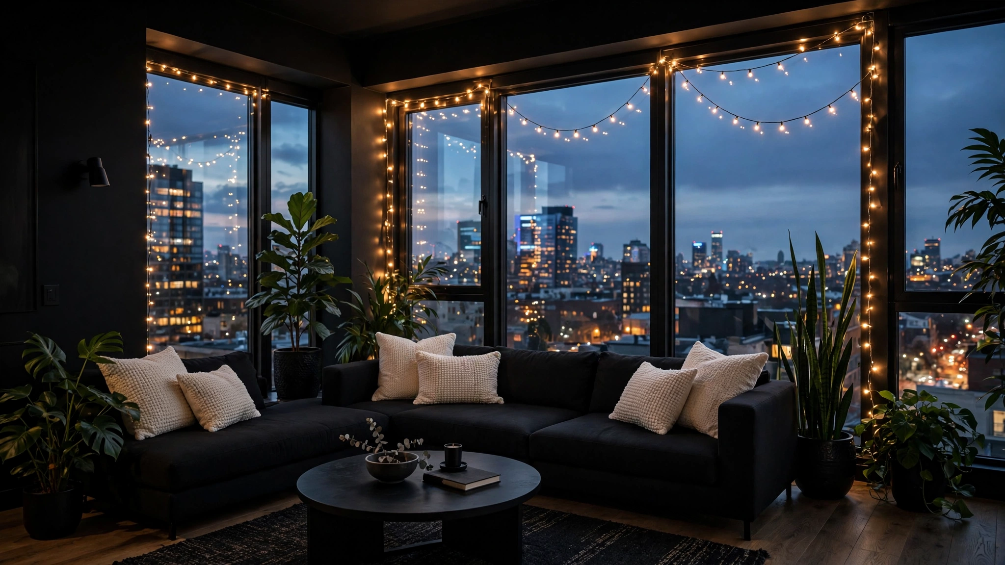 Black Living Room Decor: 22 Bold Yet Balanced Ideas 5 Black living room decor: moody black walls, black sectional, and green plants by tall windows