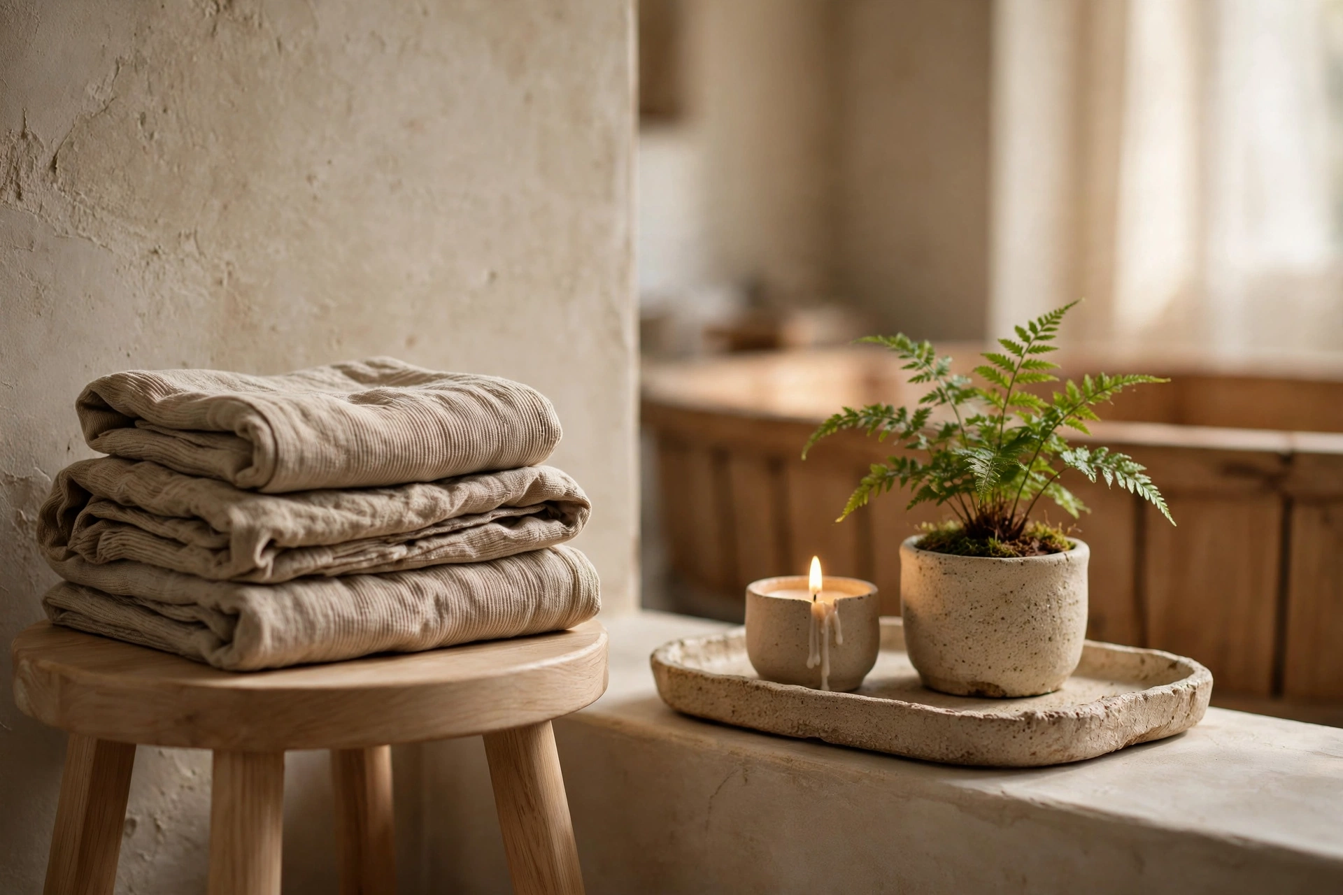 Japandi Bathroom Design: 18 Calm East-Meets-Scandi Ideas 6 Japandi bathroom design styling details with linen towels and handmade ceramics