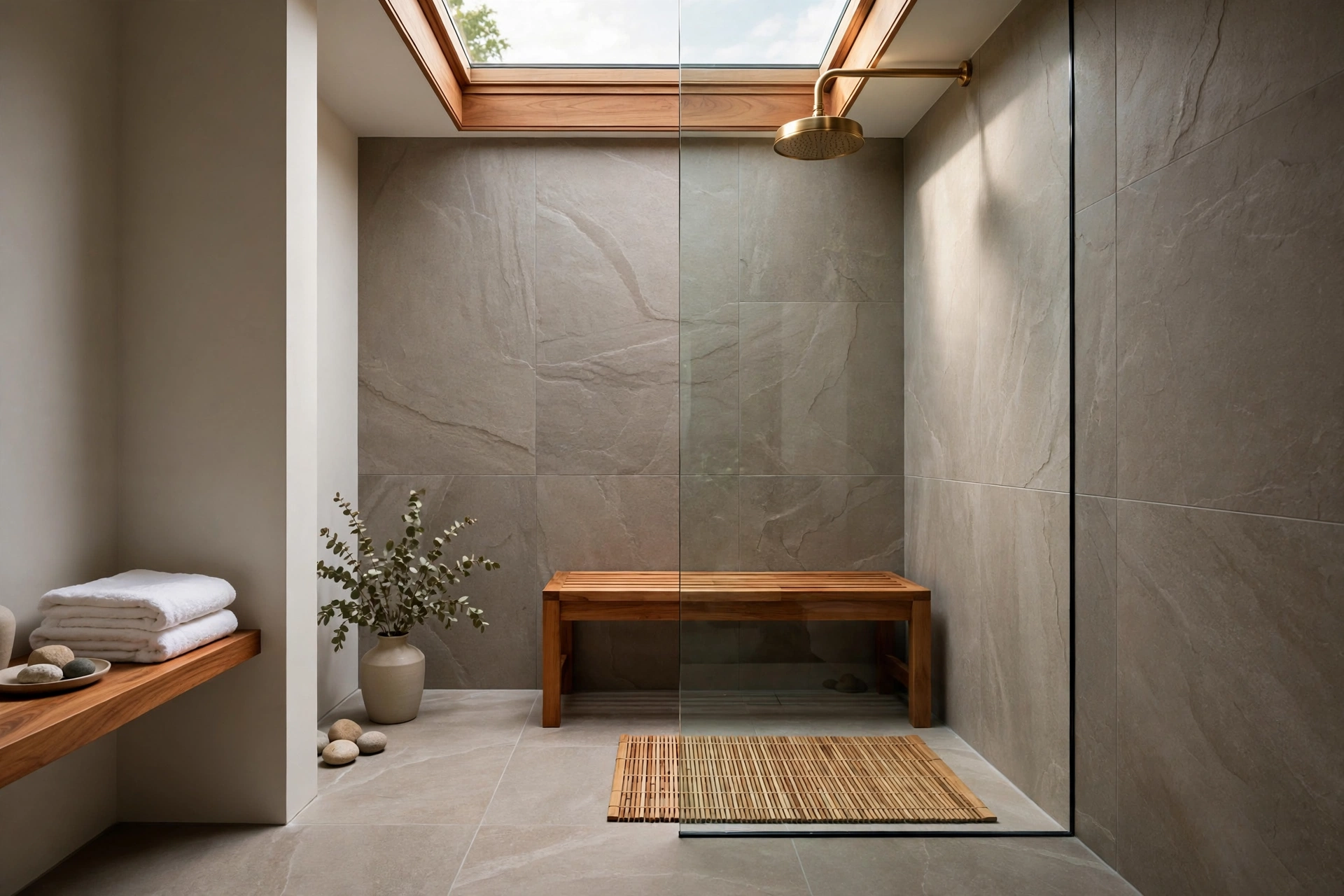Japandi Bathroom Design: 18 Calm East-Meets-Scandi Ideas 4 Japandi bathroom design walk-in shower with natural stone tiles and teak bench