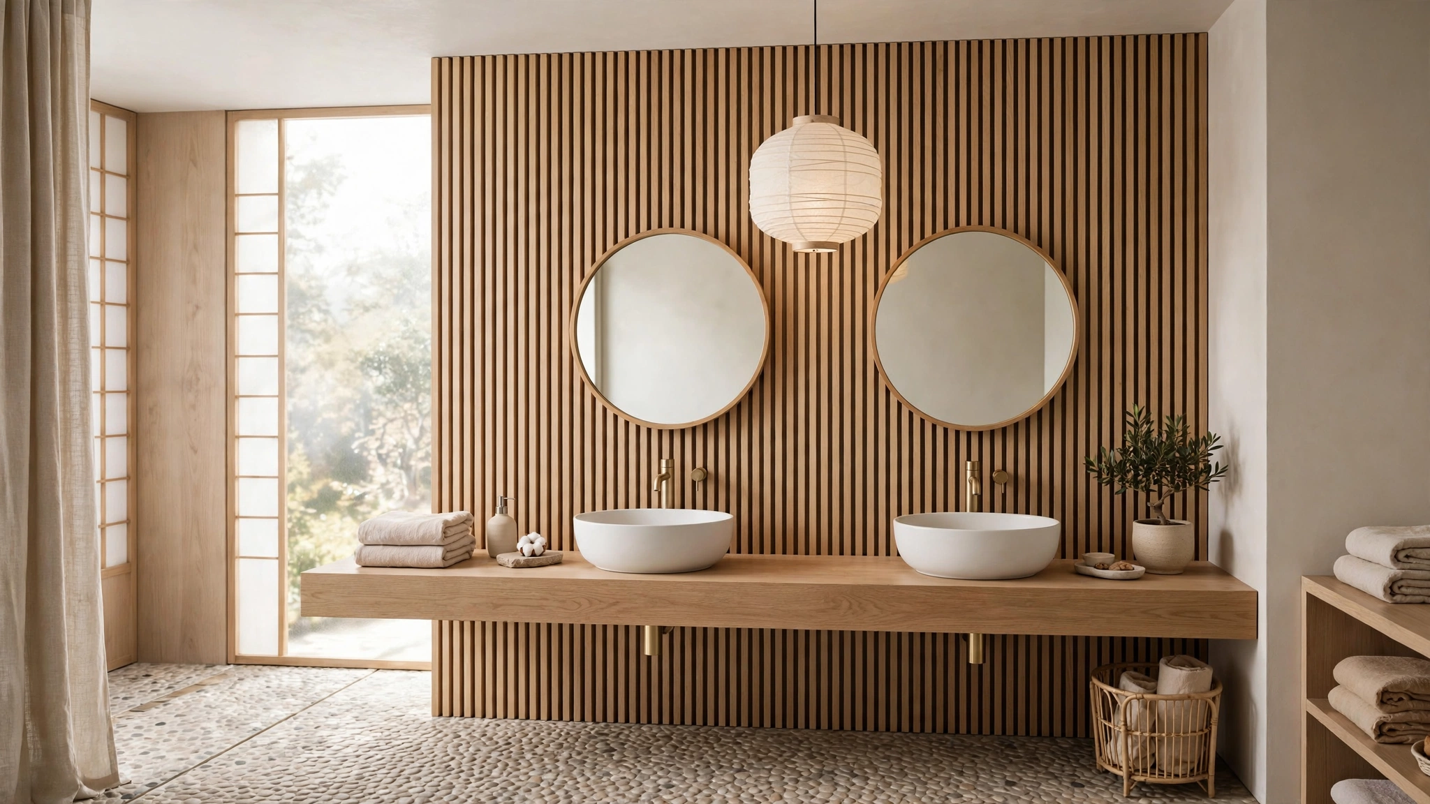 Japandi Bathroom Design: 18 Calm East-Meets-Scandi Ideas 2 Japandi bathroom design featuring a light wood slat accent wall and floating vanity