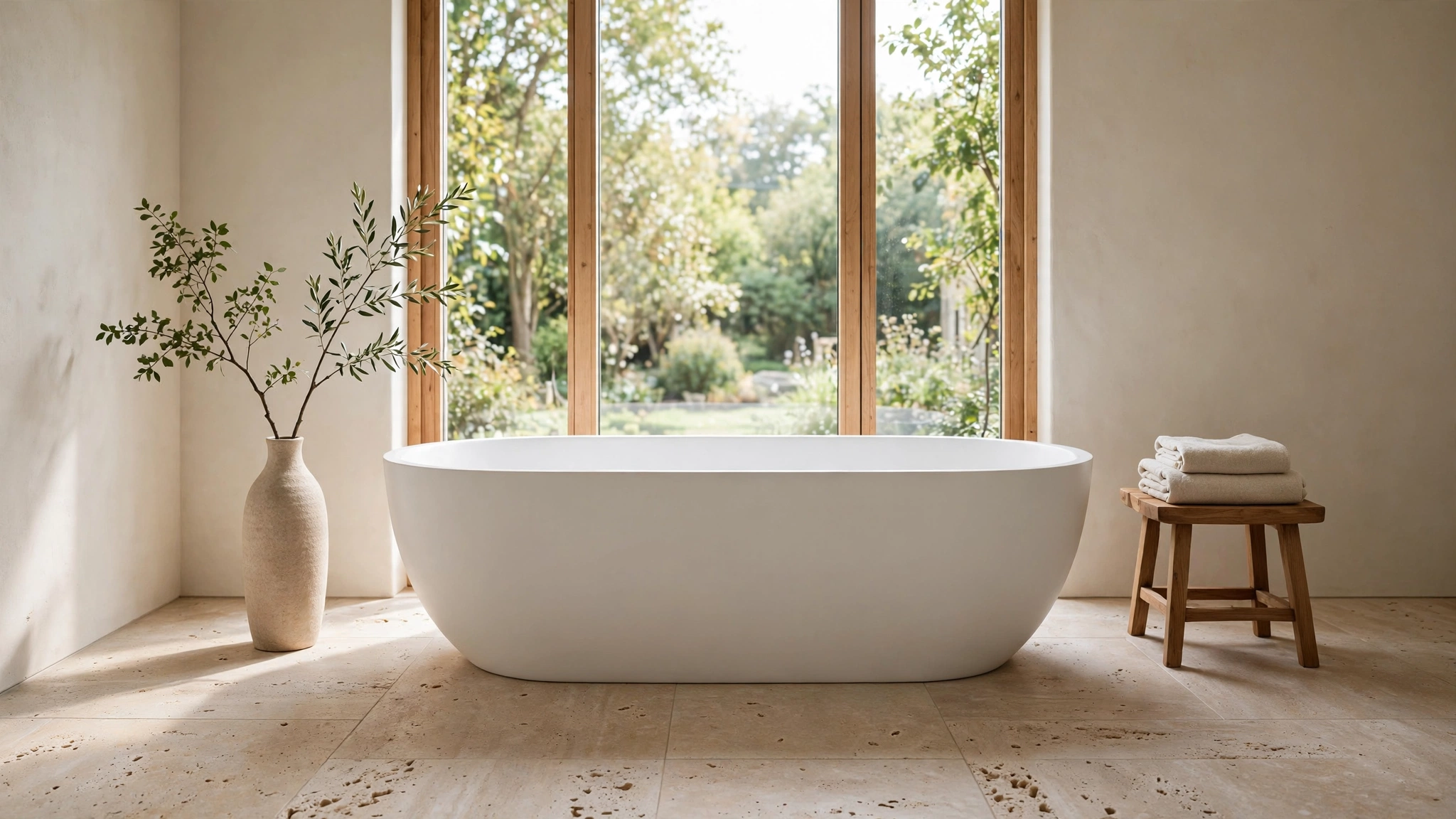 Japandi Bathroom Design: 18 Calm East-Meets-Scandi Ideas 5 Japandi bathroom design soaking tub beside a garden-view window