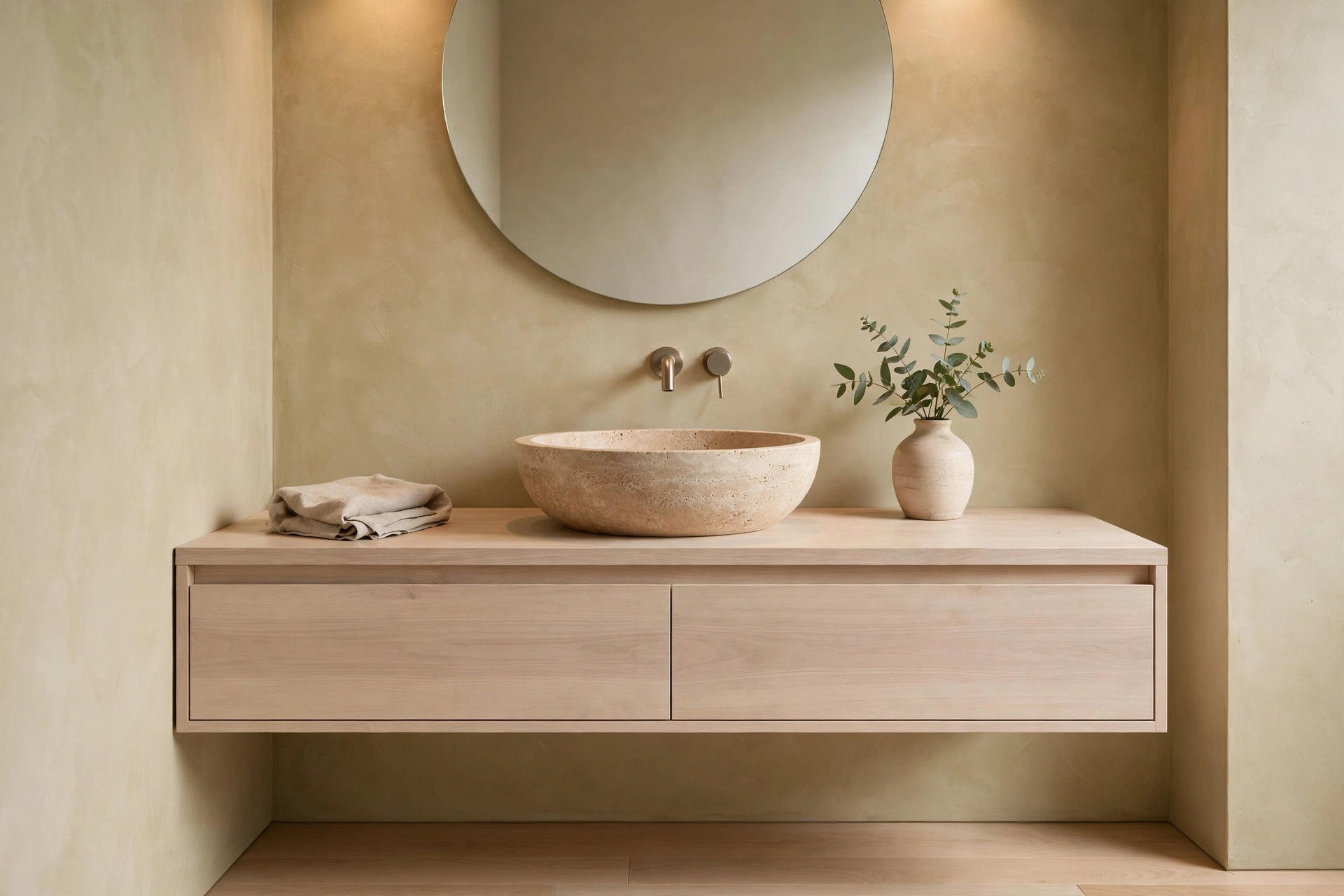 Japandi Bathroom Design: 18 Calm East-Meets-Scandi Ideas 3 Japandi bathroom design vanity in light ash wood with travertine vessel sink