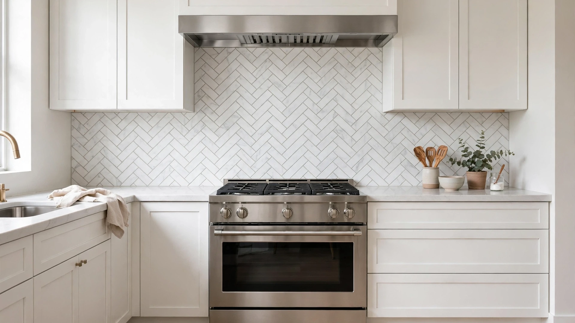 15 Kitchen Backsplash Ideas You'll Love 3 White herringbone pattern tile backsplash behind a kitchen range