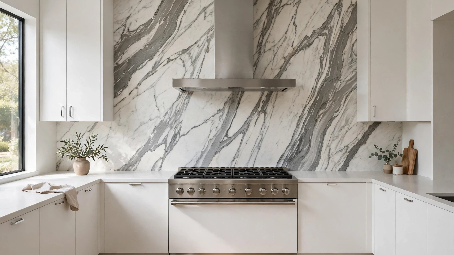 15 Kitchen Backsplash Ideas You'll Love 6 Full-height Calacatta marble slab backsplash from countertop to ceiling