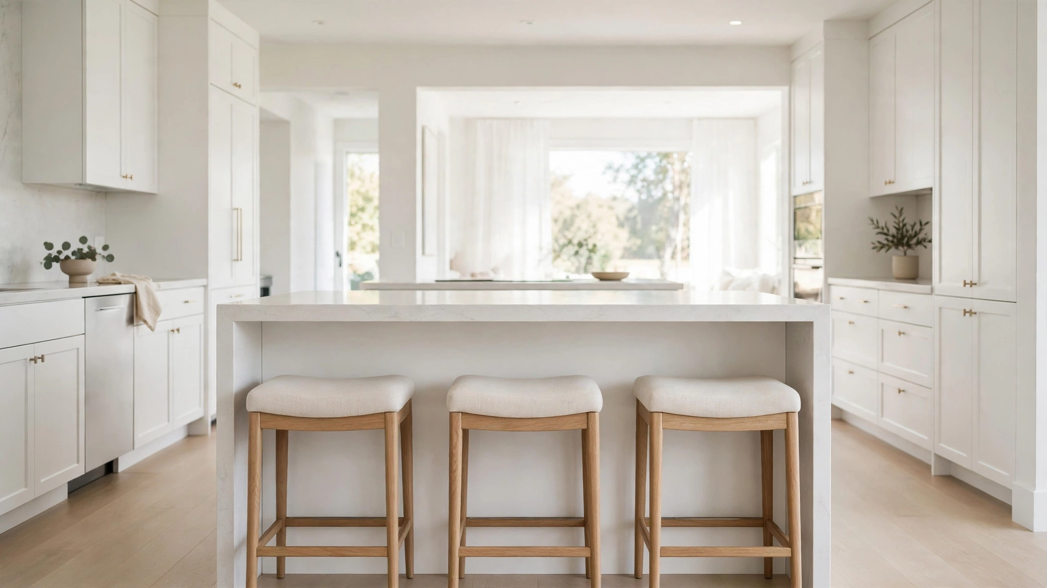 15 Kitchen Bar Stool Ideas 2 Backless cream stools tucked under sleek kitchen island
