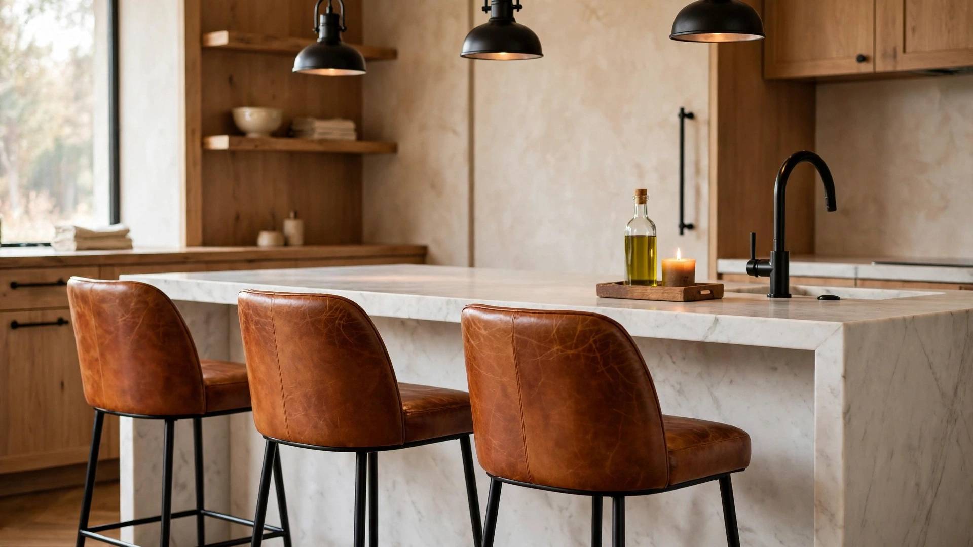 15 Kitchen Bar Stool Ideas 3 Cognac leather counter stools at white marble island