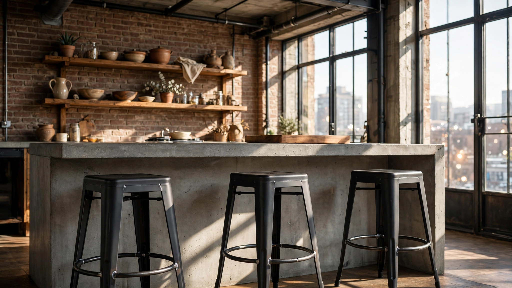 15 Kitchen Bar Stool Ideas 5 Matte black industrial metal stools at concrete island