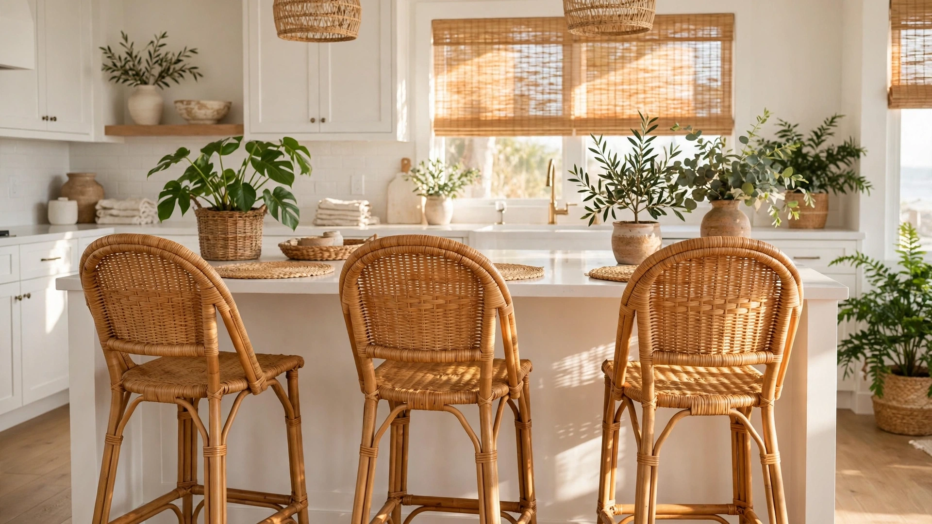 15 Kitchen Bar Stool Ideas 6 Natural rattan bar stools in bright coastal kitchen