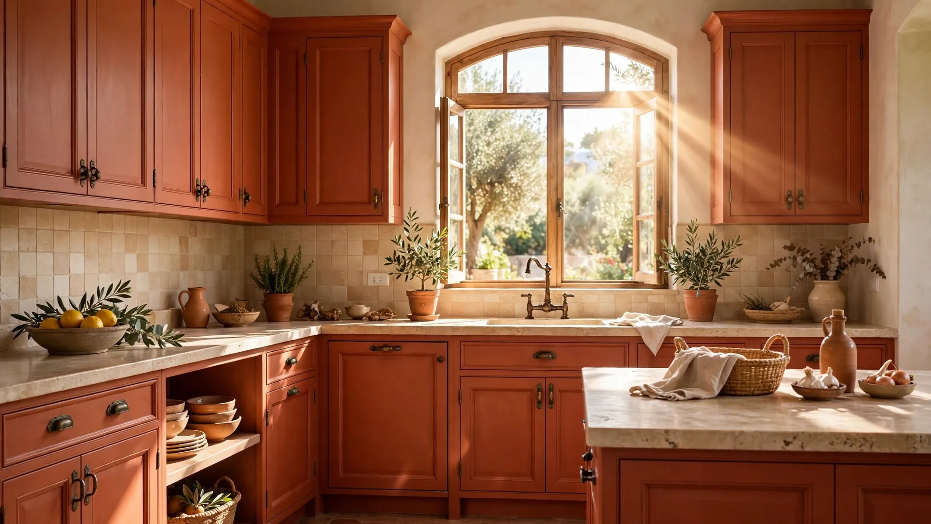 15 Kitchen Cabinet Color Ideas 5 Warm terracotta kitchen cabinets with natural stone countertop and bronze hardware