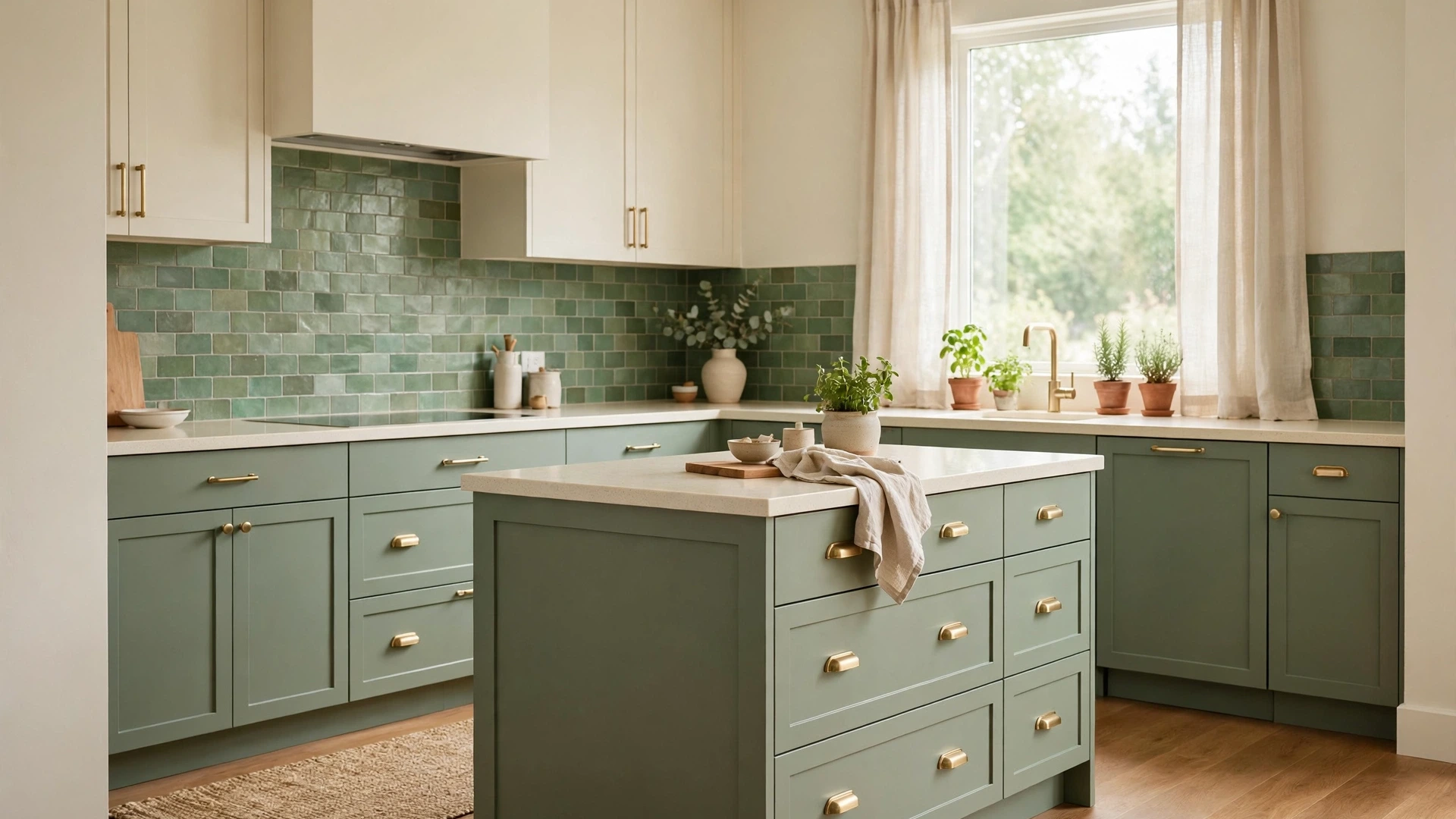 15 Kitchen Color Schemes That Work 2 Sage green lower cabinets with cream upper cabinets in a fresh calm kitchen
