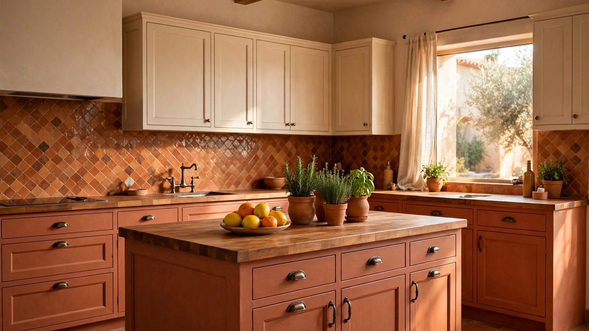 15 Kitchen Color Schemes That Work 3 Terracotta kitchen island with warm beige walls and zellige-look tile backsplash