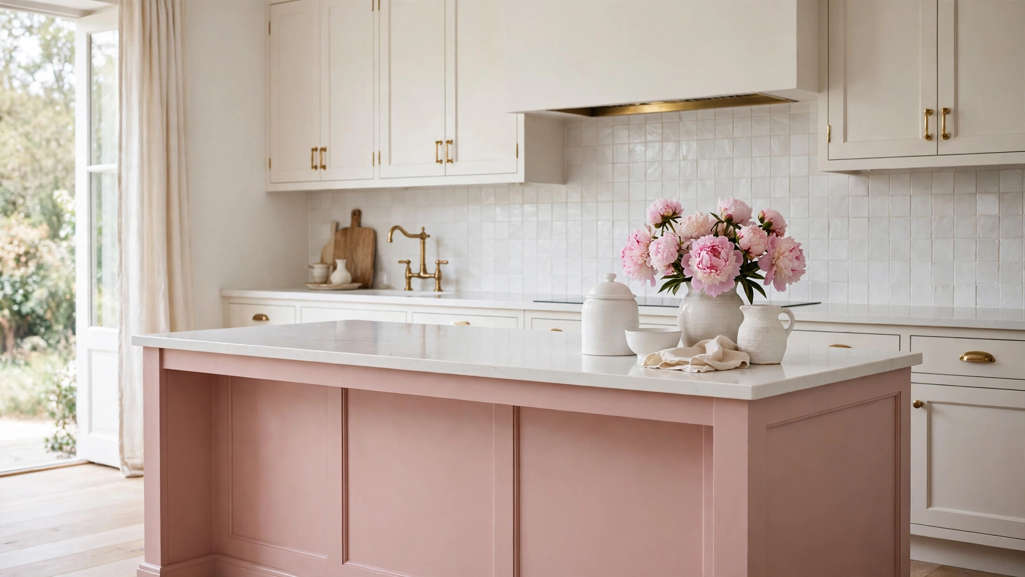 15 Kitchen Color Schemes That Work 5 Dusty blush pink kitchen island with warm white cabinets in a romantic kitchen