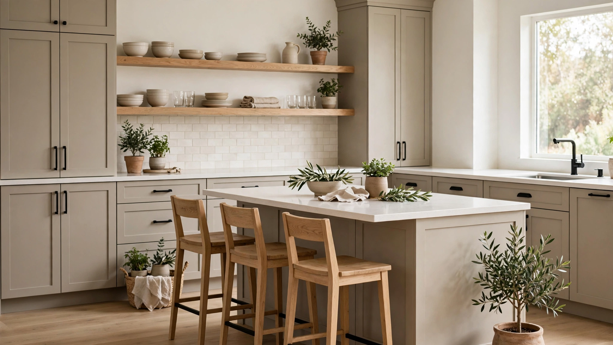 15 Kitchen Color Schemes That Work 6 Warm greige cabinets with white oak shelves and stools in a modern neutral kitchen