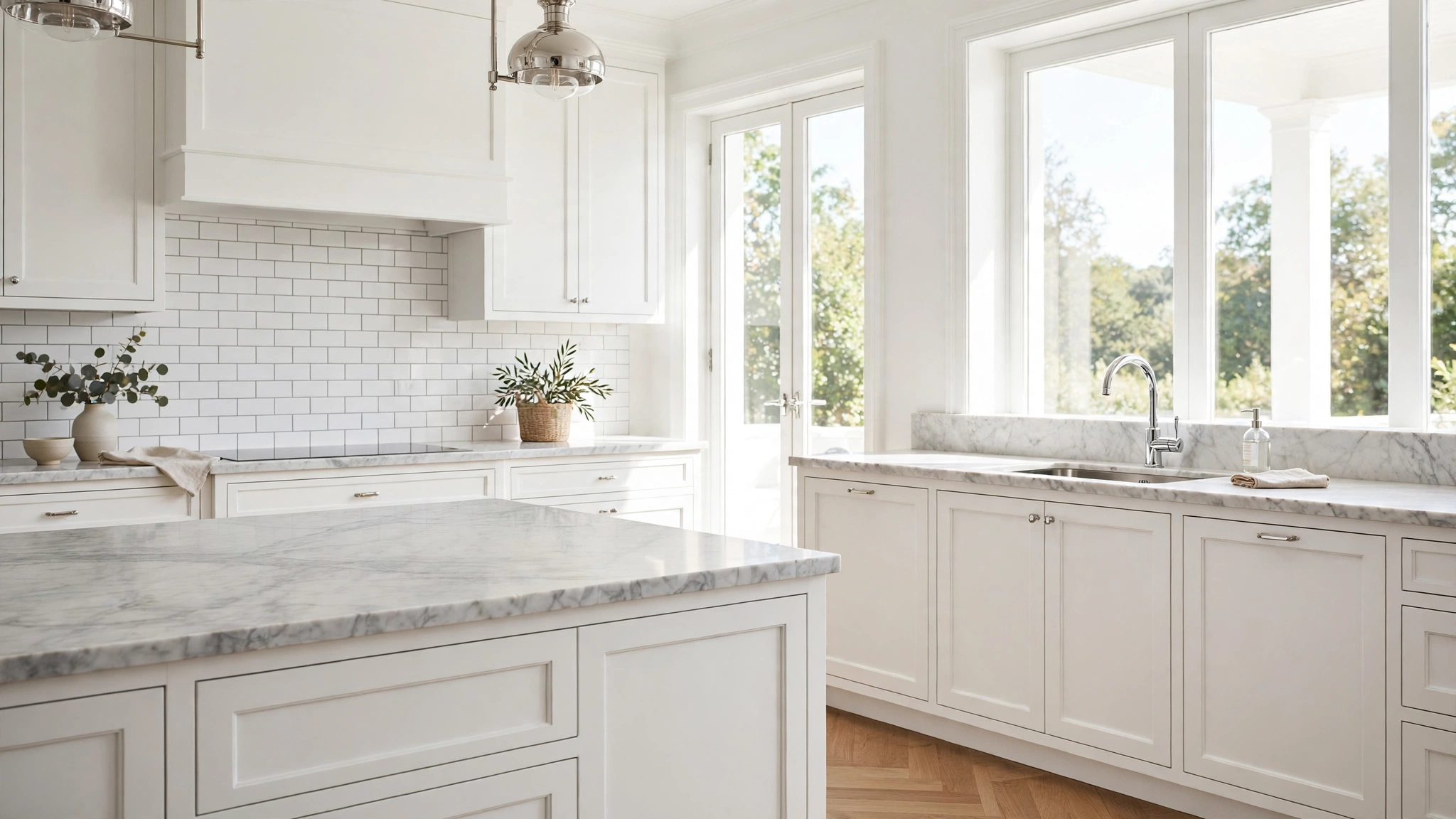 15 Kitchen Countertop Ideas 2 White kitchen with honed Carrara marble countertops showing soft gray veining