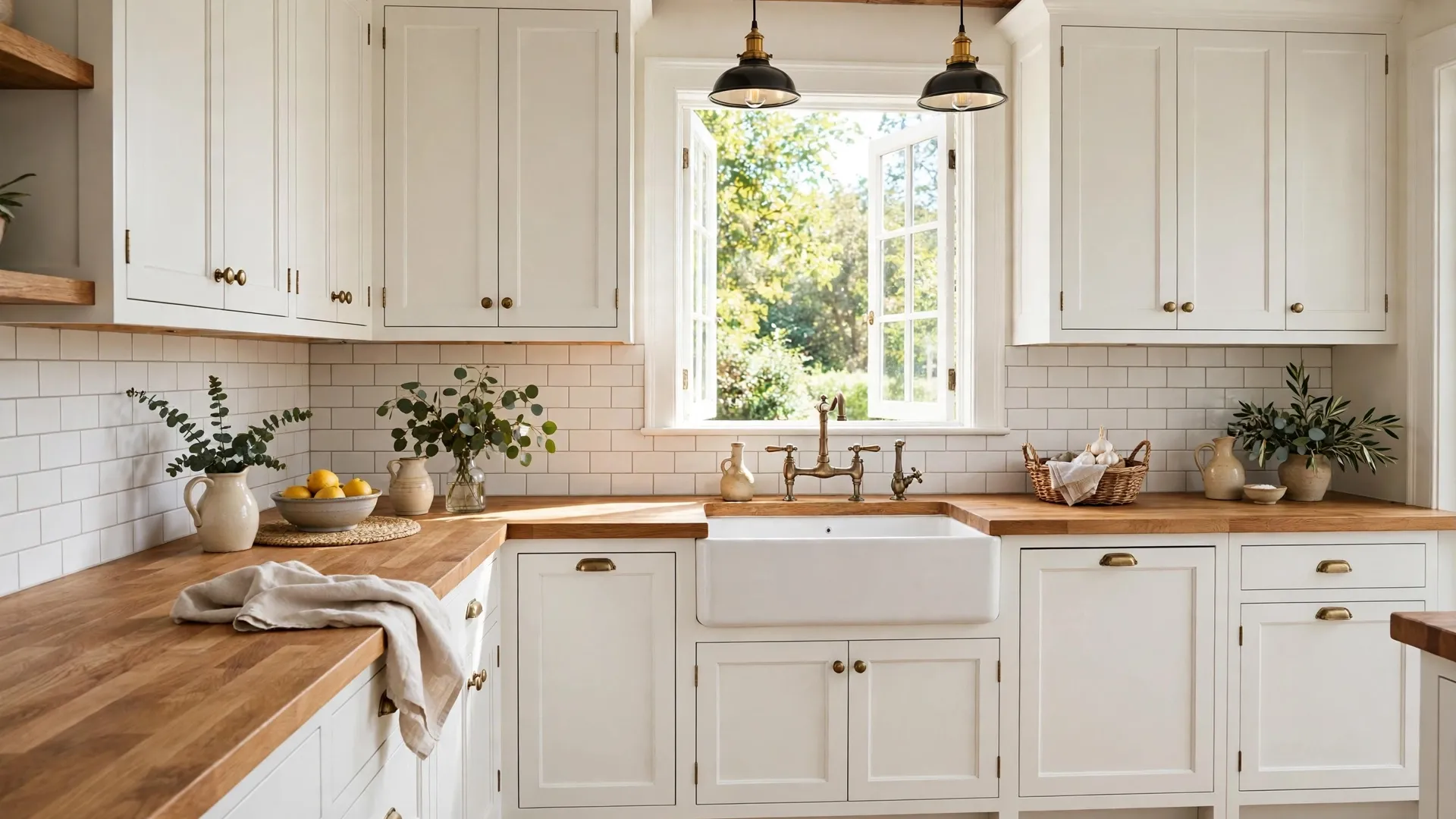 15 Kitchen Countertop Ideas 3 Farmhouse kitchen with warm wooden butcher block countertops and white cabinets