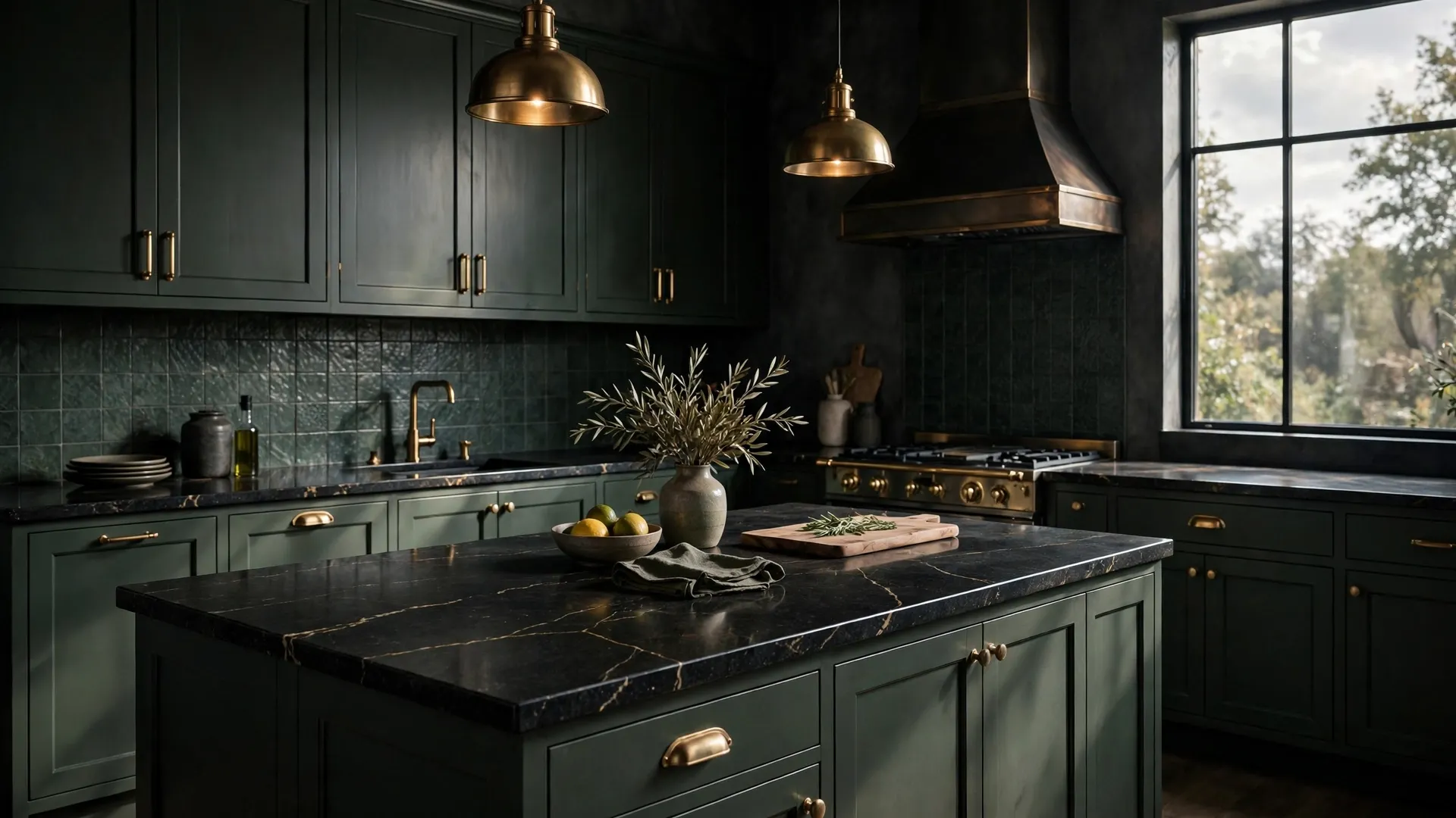 15 Kitchen Countertop Ideas 4 Moody dark kitchen with polished black granite countertops and brass accents