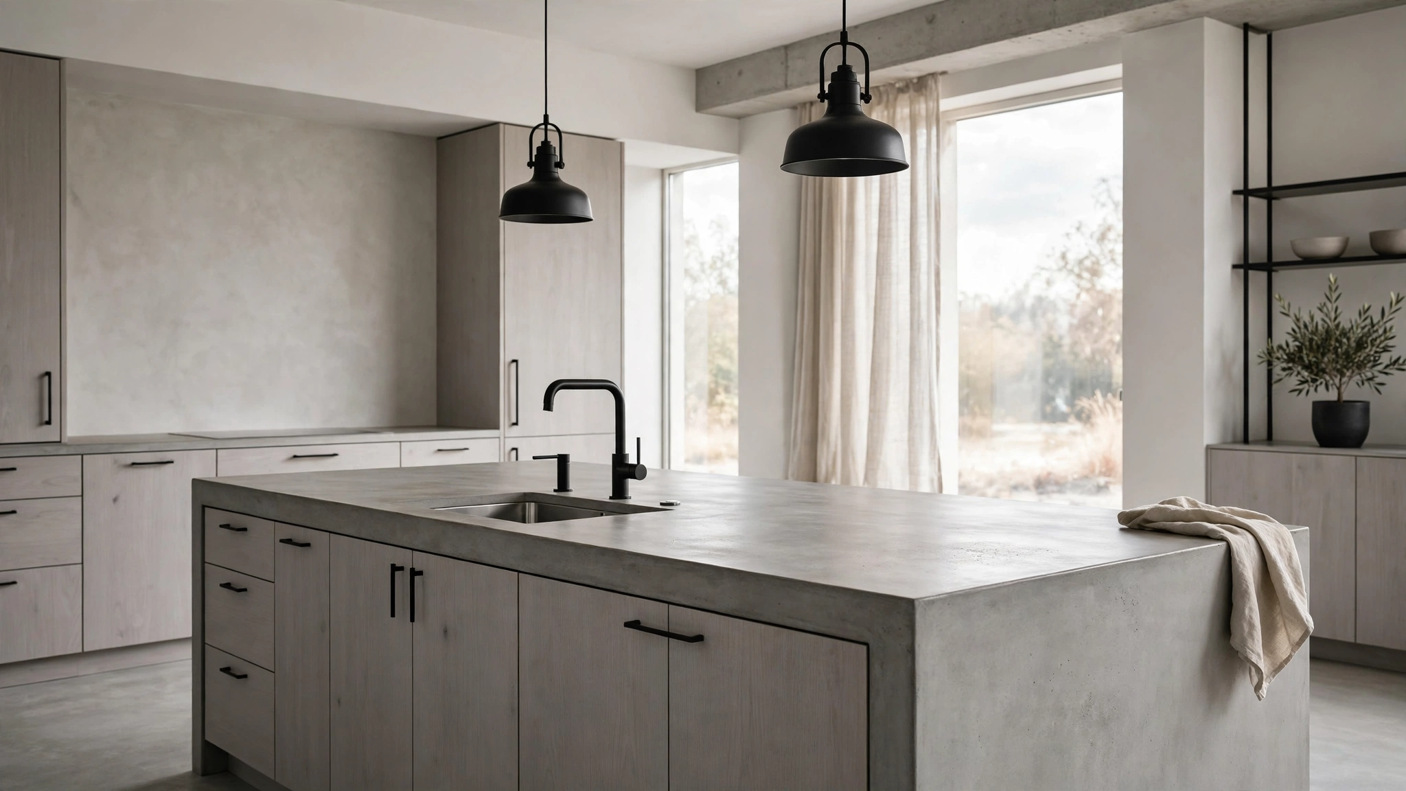 15 Kitchen Countertop Ideas 5 Minimalist island with smooth poured concrete countertop and gray wood cabinets