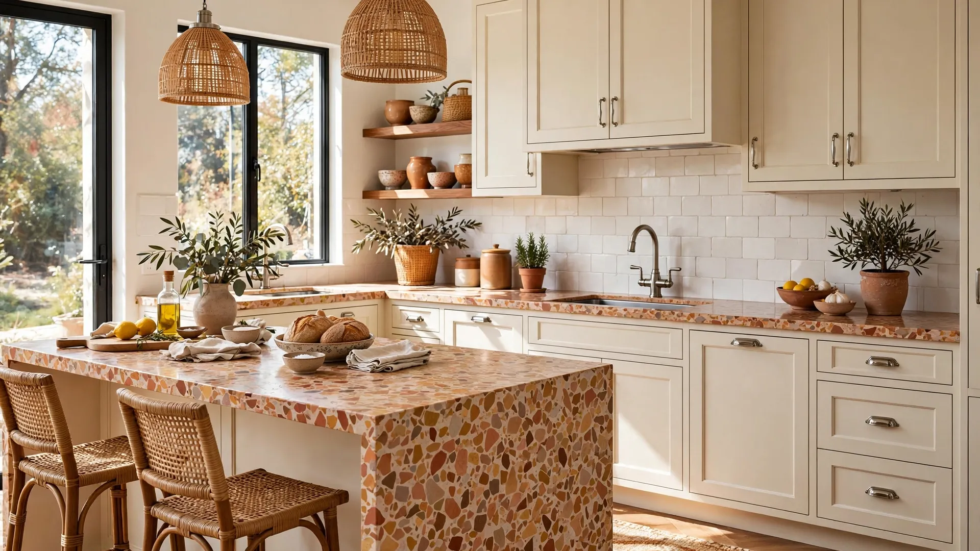 15 Kitchen Countertop Ideas 6 Eclectic kitchen with speckled terrazzo countertop and cream cabinets