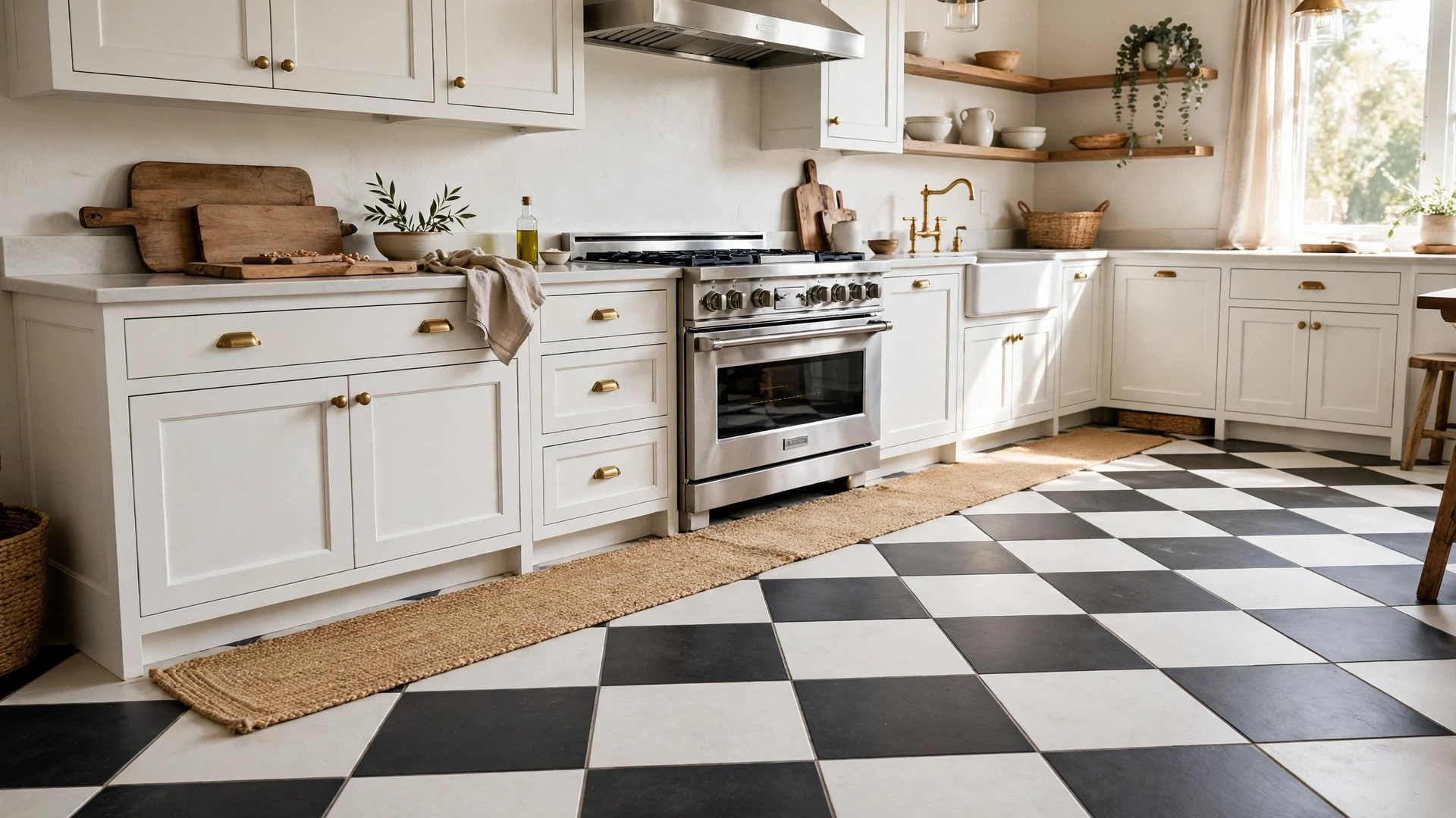 12 Kitchen Flooring Ideas 2 Classic black-and-white checkerboard tile floor in a timeless kitchen